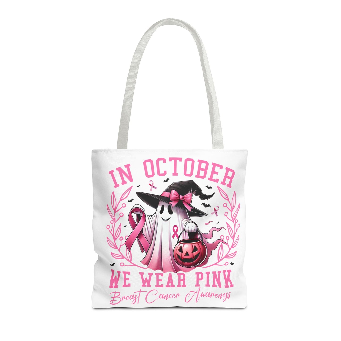 🎀 In October We Wear Pink Tote Bag – Breast Cancer Awareness with Spooky Charm 🎃
