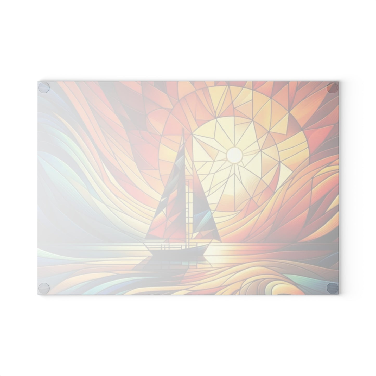 Tabla de cortar con diseño de velero al atardecer con aspecto de vitral: arte costero colorido para la cocina