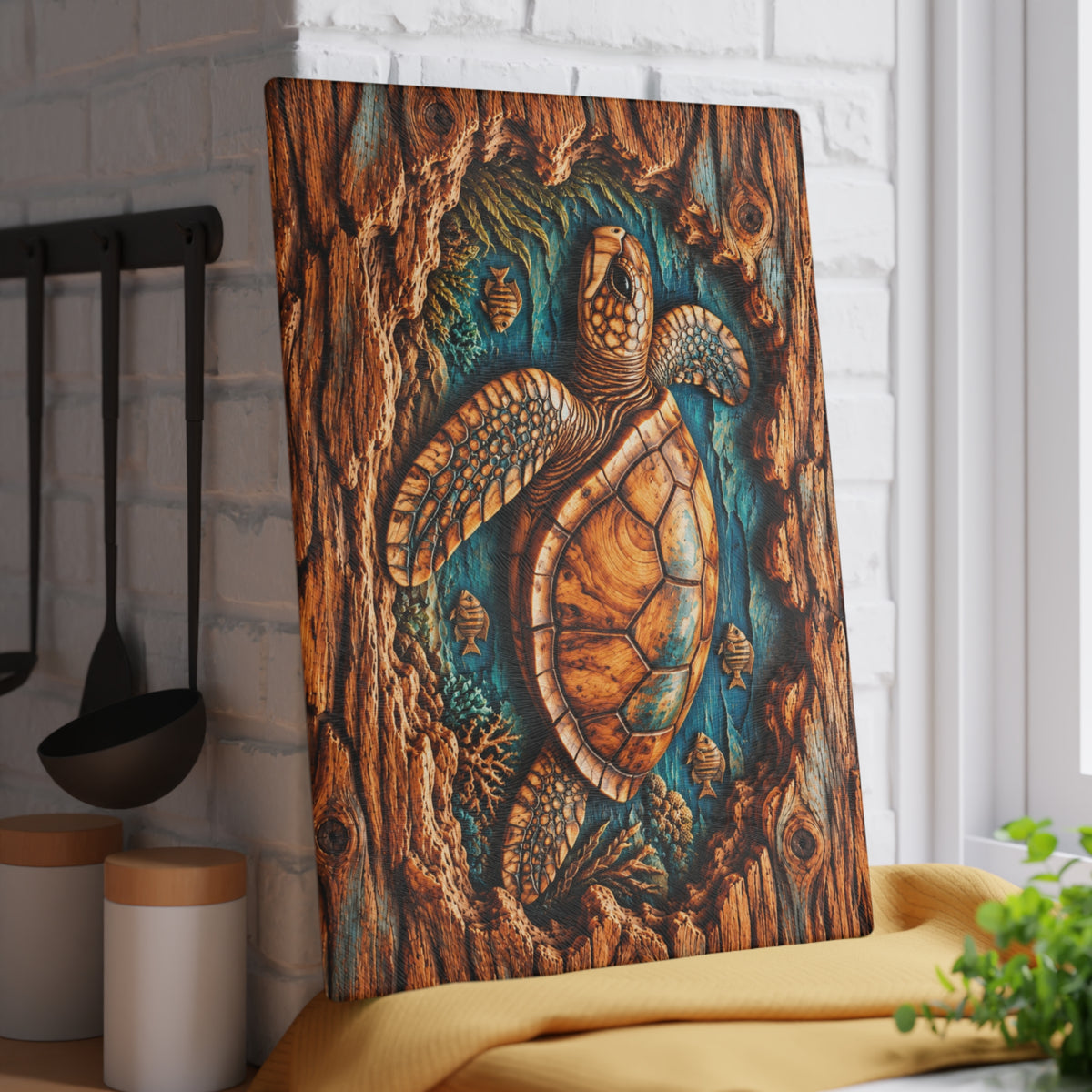 Ultra-Realistic 3D Wood-Carved Sea Turtle Cutting Board – High-Relief Pop-Out Illusion, Rustic Driftwood Frame & Underwater Ocean Kitchen Décor