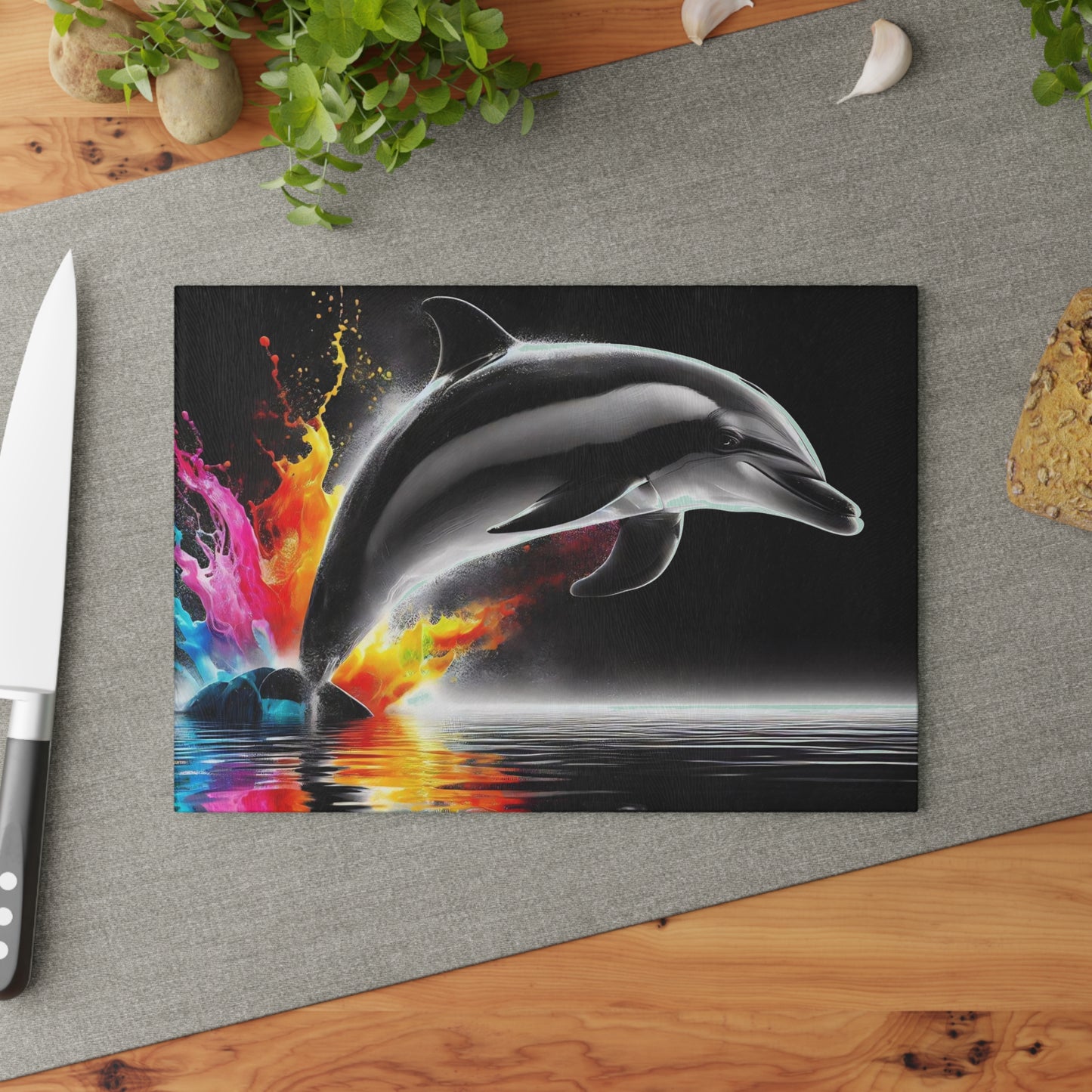Tabla de cortar con diseño de delfín, vidrio templado con vibrantes escenas de delfines, regalo para chef, regalo para ella, regalo de boda o inauguración de la casa.