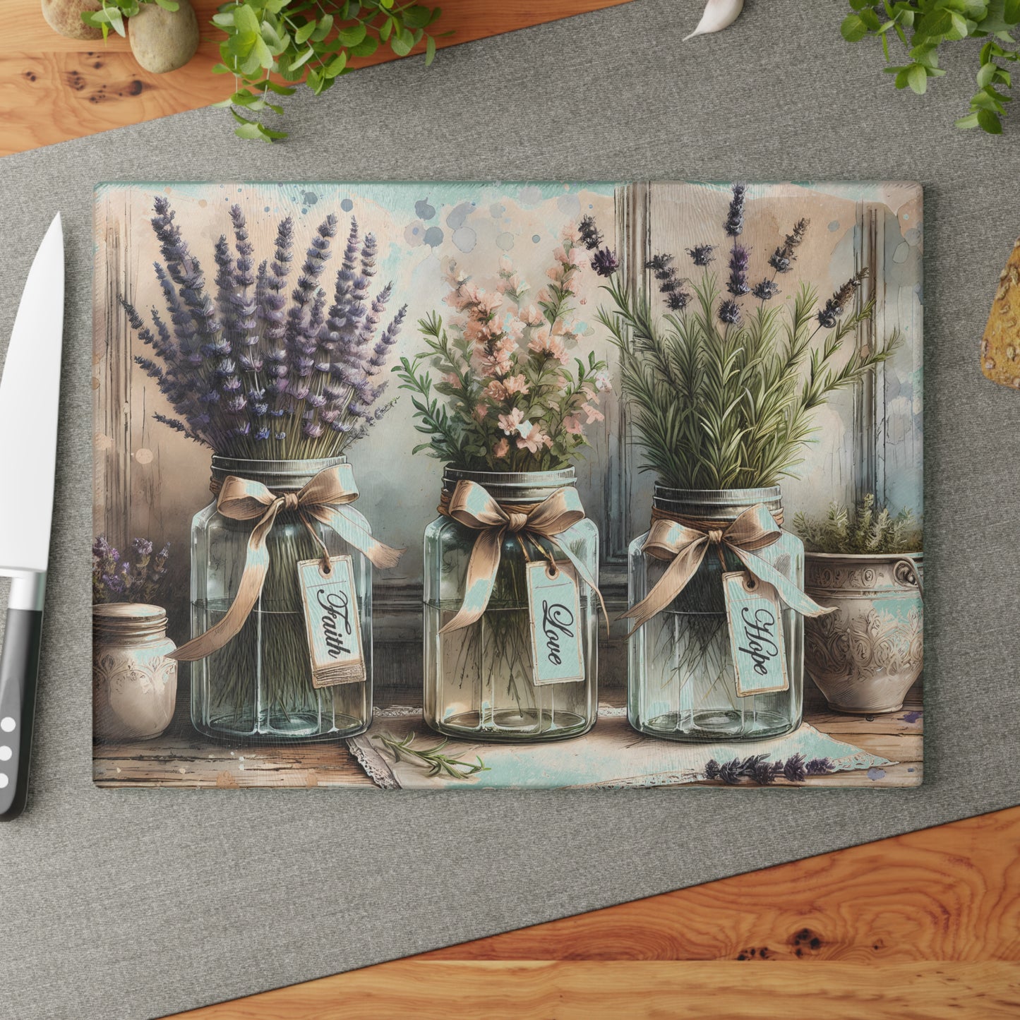 Tabla de cortar Fe, Amor y Esperanza: Dije rústico en tarro de cristal con inspiración floral
