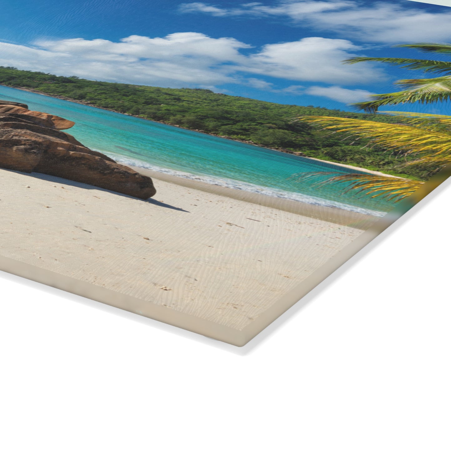 Tabla de cortar de vidrio con diseño de playa y palmeras – Decoración de cocina costera