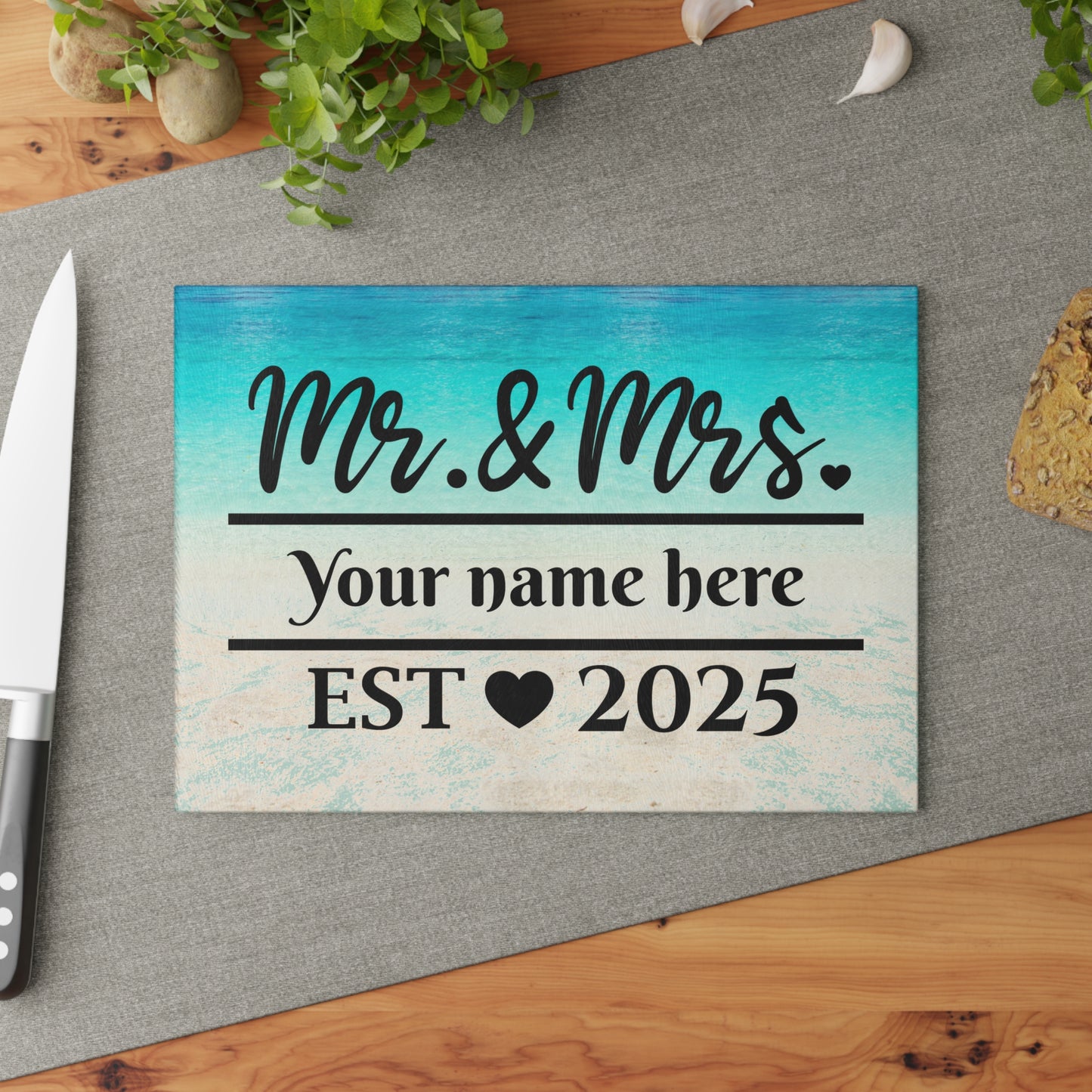 Tabla de cortar turquesa "Sr. y Sra." - Regalo de boda personalizado con nombre y año