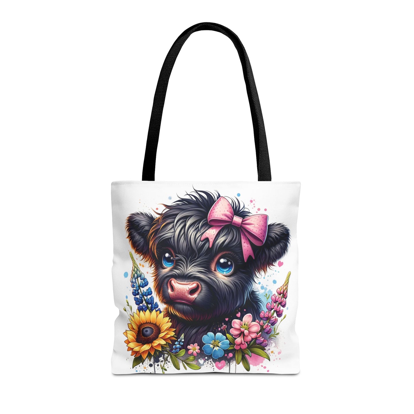 🌸 Black Highland Calf Floral Tote Bag – Sweet Style for Every Age 🐮👜