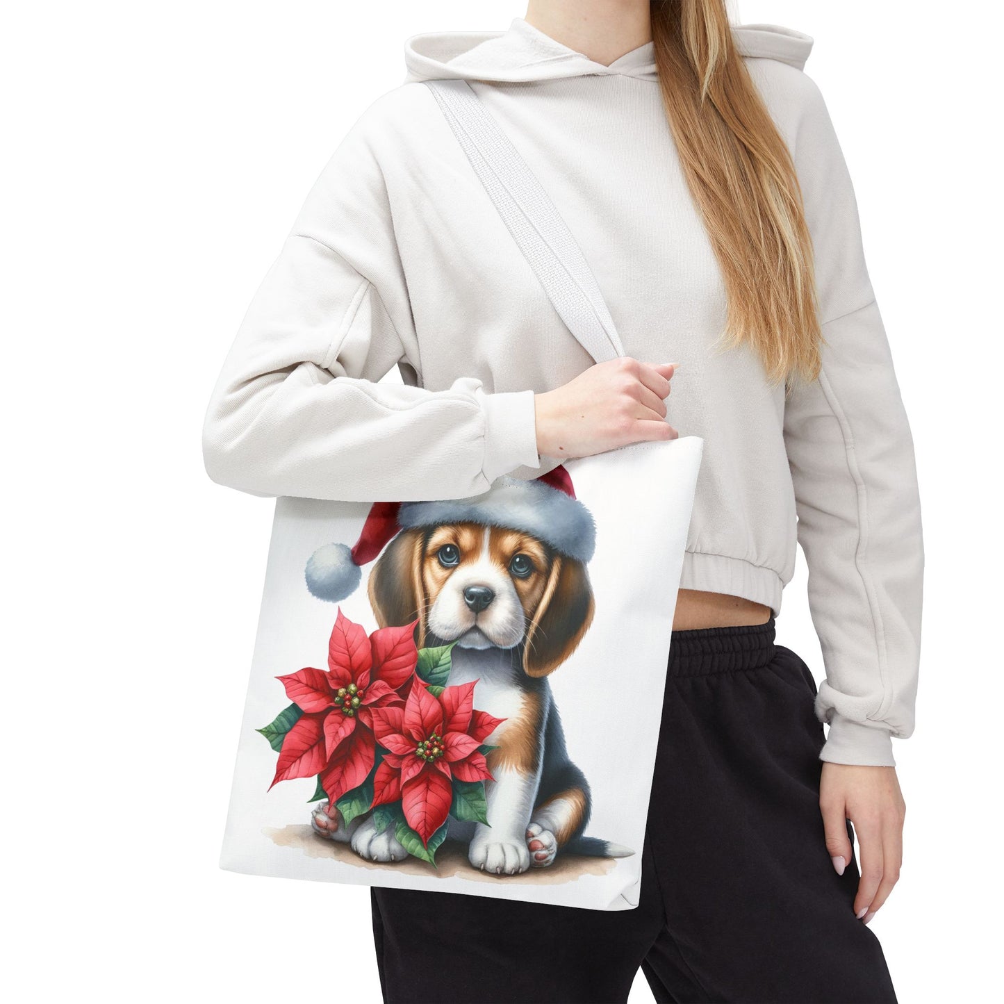 🐶 Beagle Puppy & Poinsettia Christmas Tote Bag – Sweet Holiday Charm in Every Step 🎄