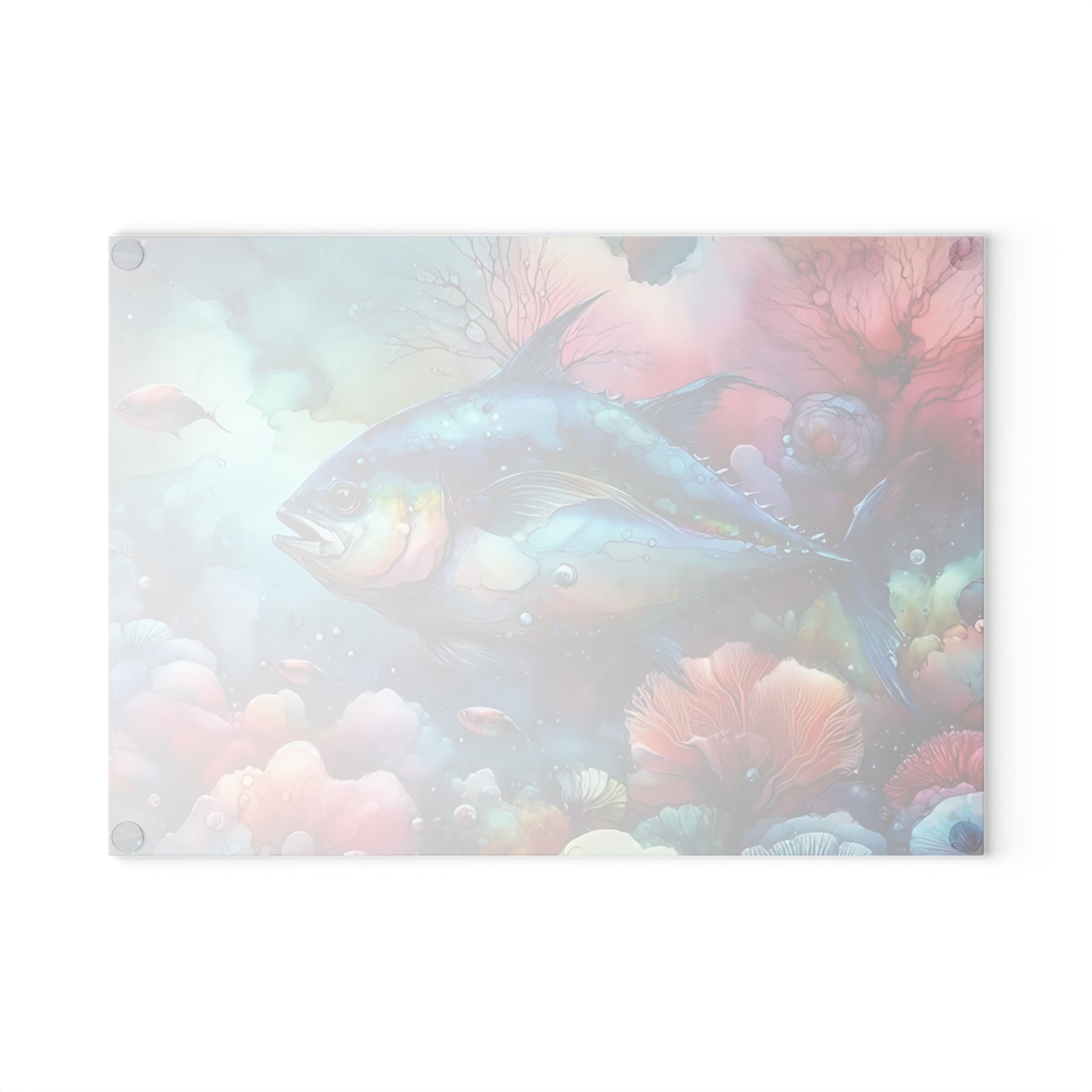 Tabla de cortar de vidrio con acuarela de atún: arte oceánico colorido para cocinas costeras y creativas