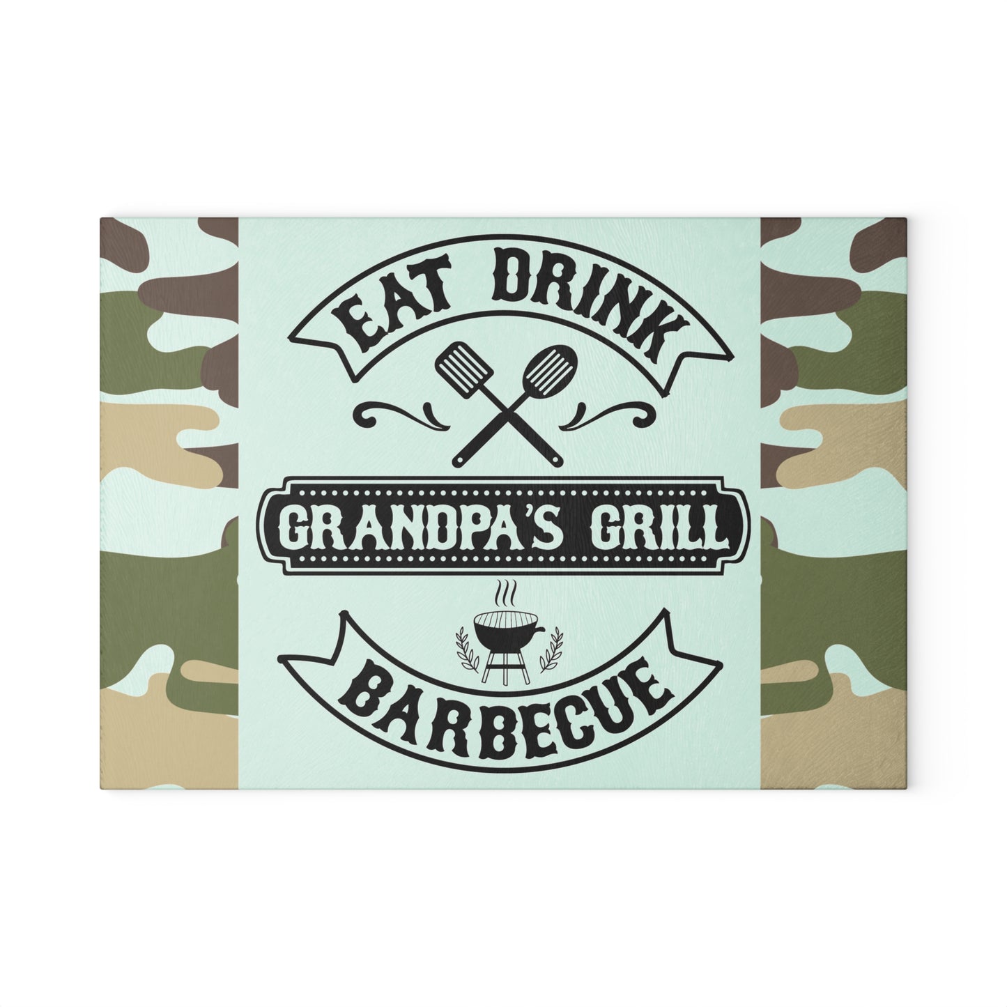 🔥 COMER BEBER BARBACOA A LA PARRILLA DEL ABUELO – Tabla de cortar de vidrio con diseño de camuflaje para los reyes del patio trasero 🧢🍔