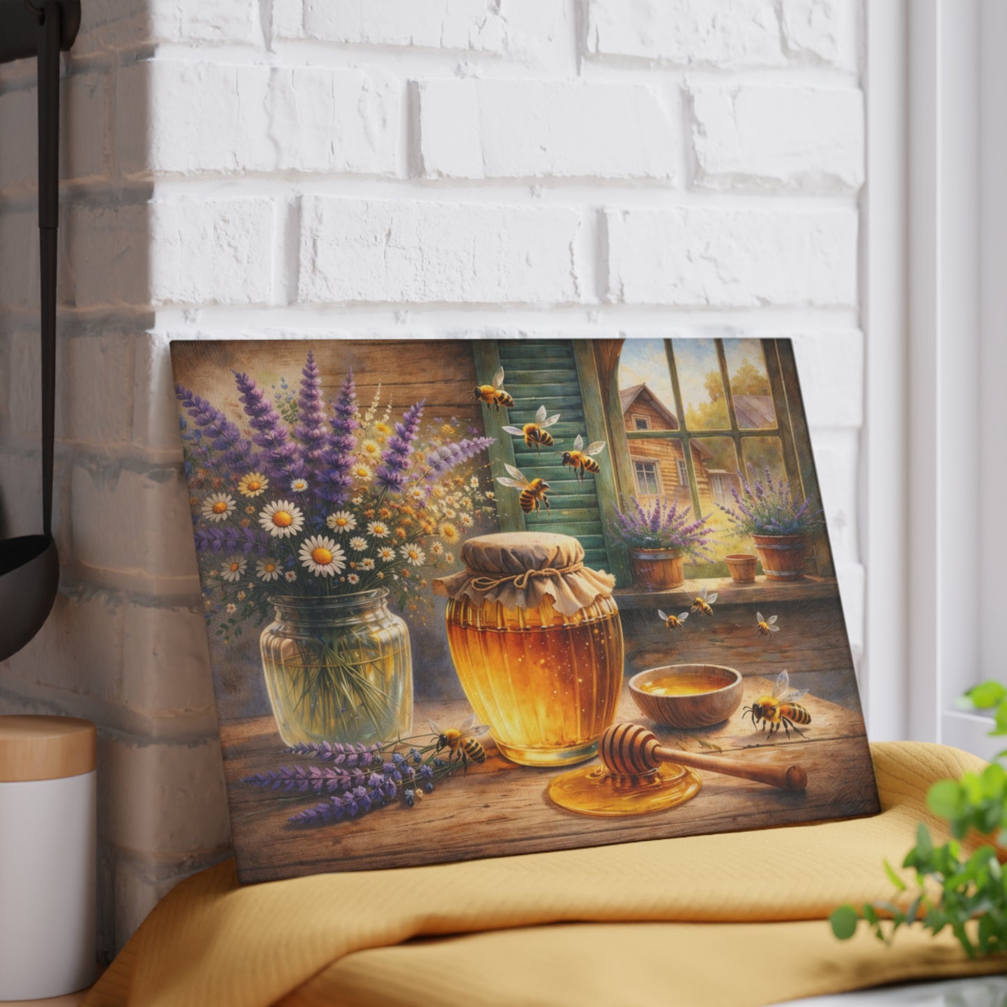 Golden Honey & Wildflowers Glass Cutting Board – Cozy Cottage Beekeeping Kitchen Art