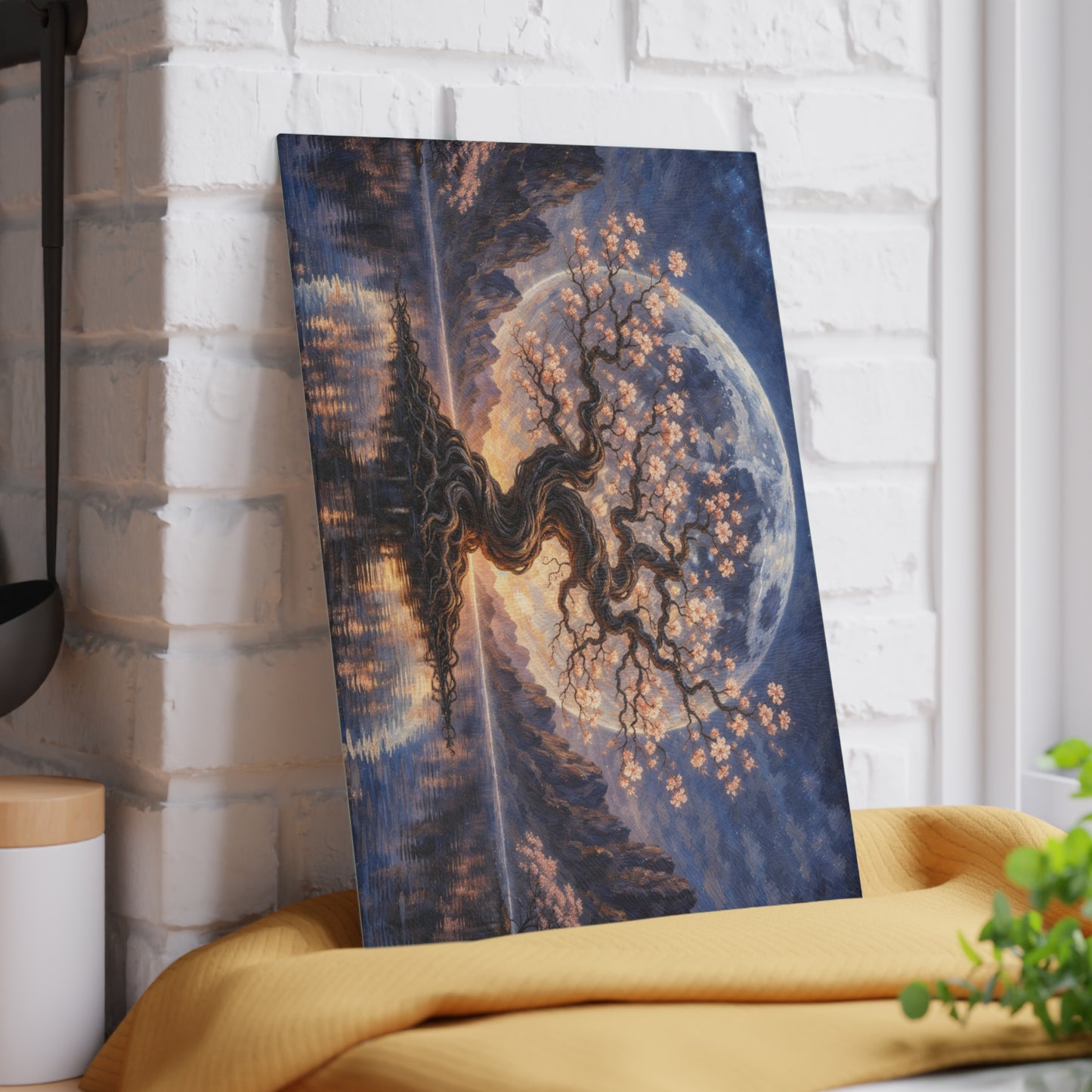 Moonlit Blossom Tree Glass Cutting Board – Dreamlike Fantasy Kitchen Art