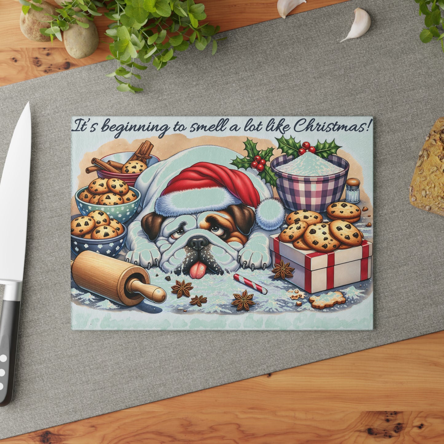 🐶🎄 “It’s Beginning to Smell a Lot Like Christmas” Bulldog Cutting Board – Festive Kitchen Cheer