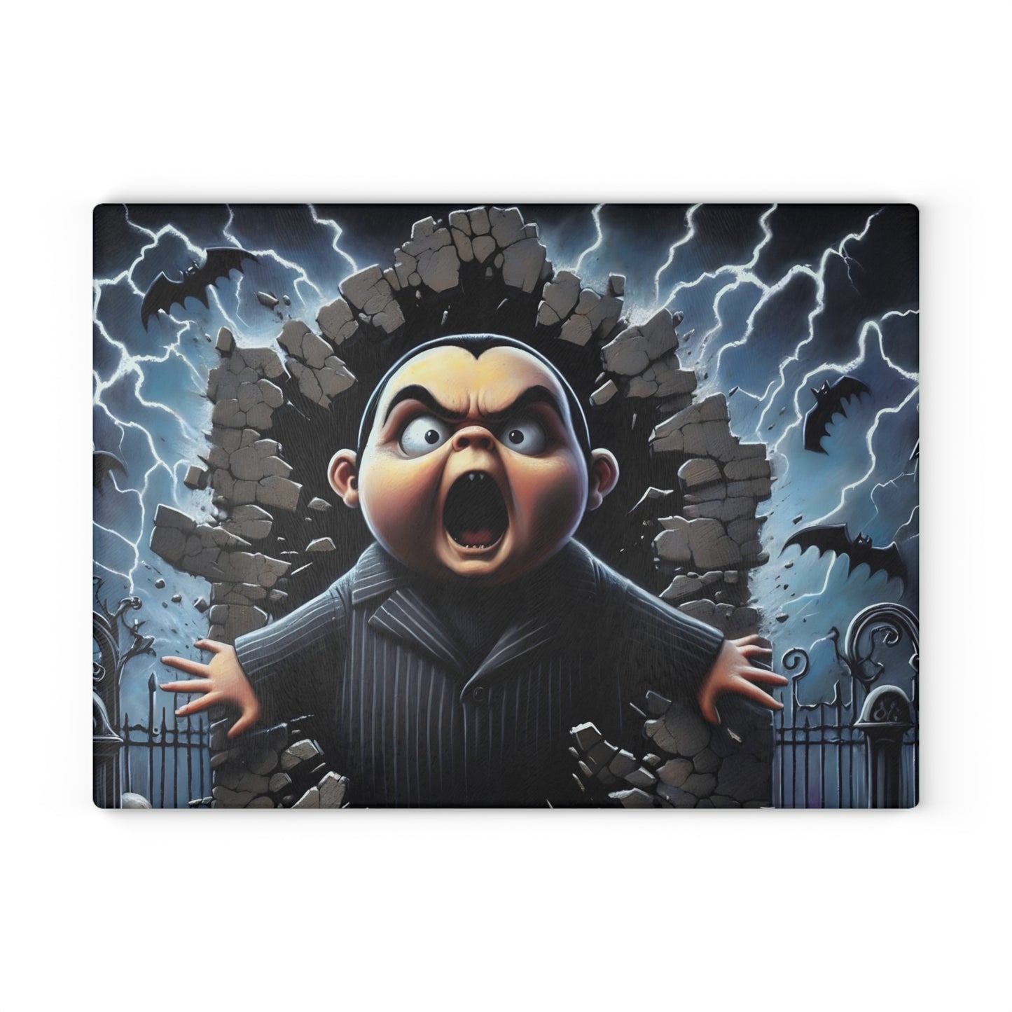🦇 Screaming Darkling Cutting Board – Gothic Cartoon Chaos with Bats, Lightning & Broken Walls ⚡🍽️