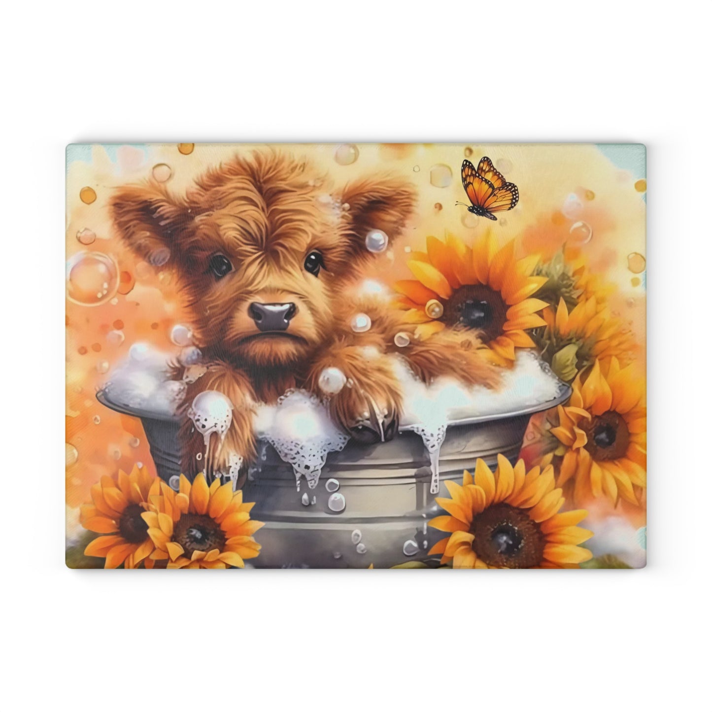🐮🌻 Highland Calf Bubble Bath Cutting Board – Farmhouse Fun with a Sunny Twist