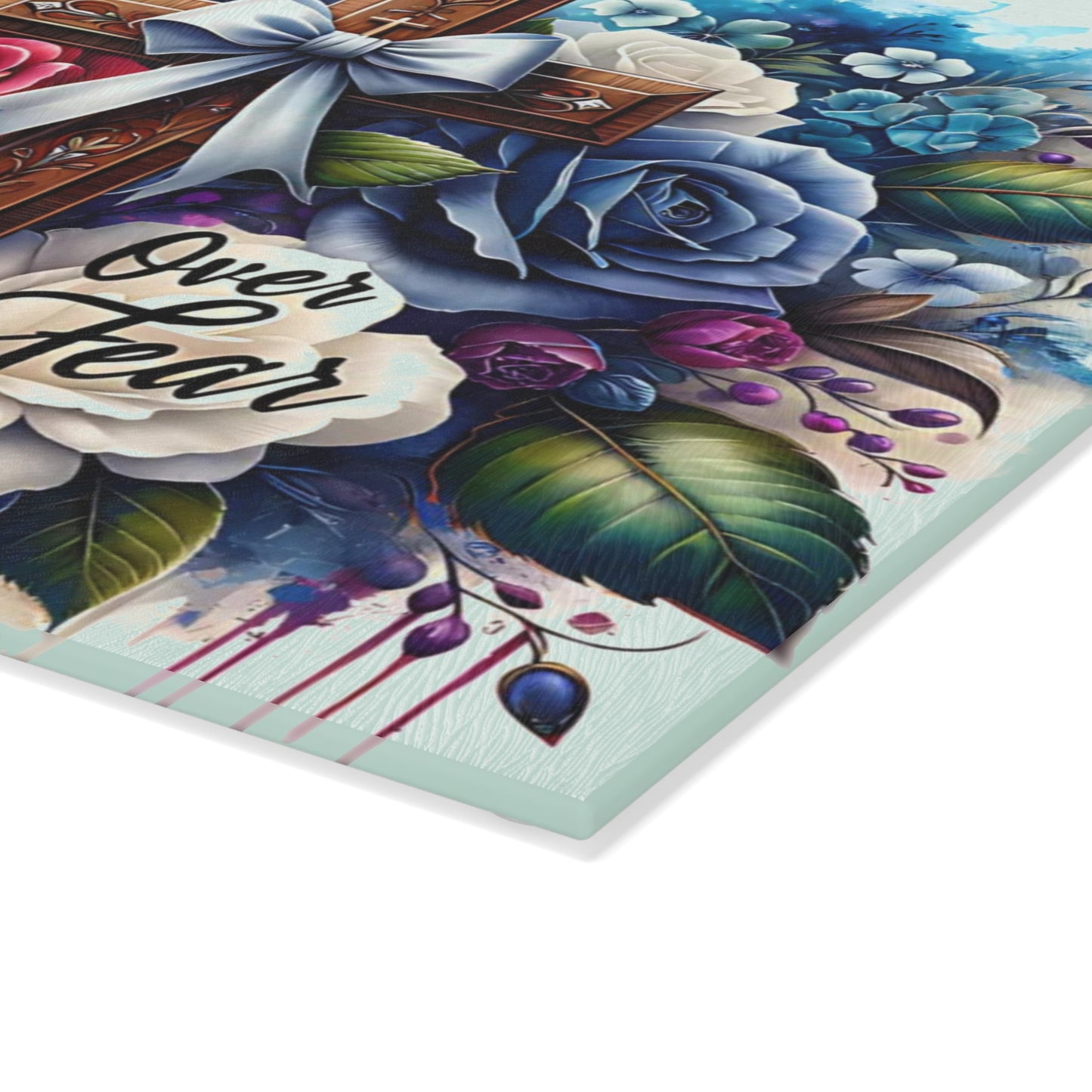 ✝️ Faith Over Fear Floral Cross Cutting Board – Christian Kitchen Inspiration with Roses & Watercolor Style