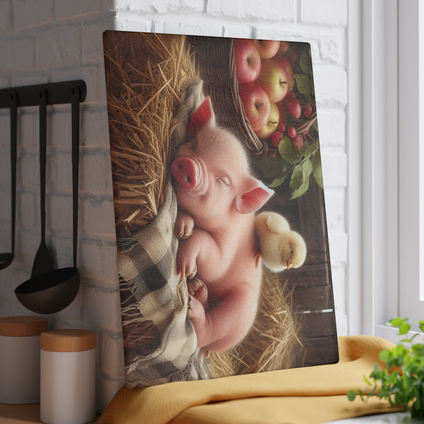 Tabla de cortar con diseño de cerdito y pollito en heno con manzanas, regalo único, tabla de cortar de vidrio, tabla de charcutería, tabla de cortar personalizada