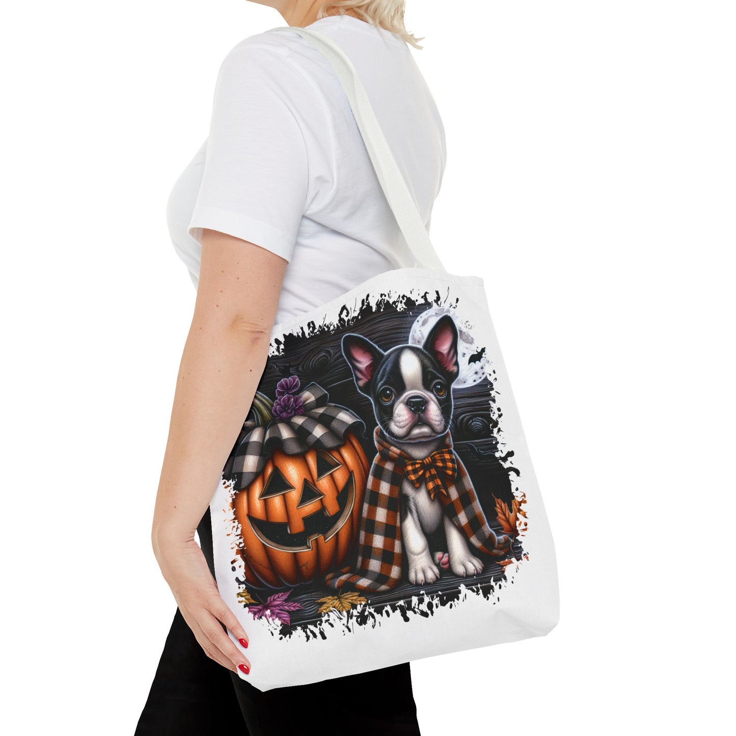 🎃 Boston Terrier Halloween Tote Bag – Spooky Cute with Plaid Style 🐾🖤👜