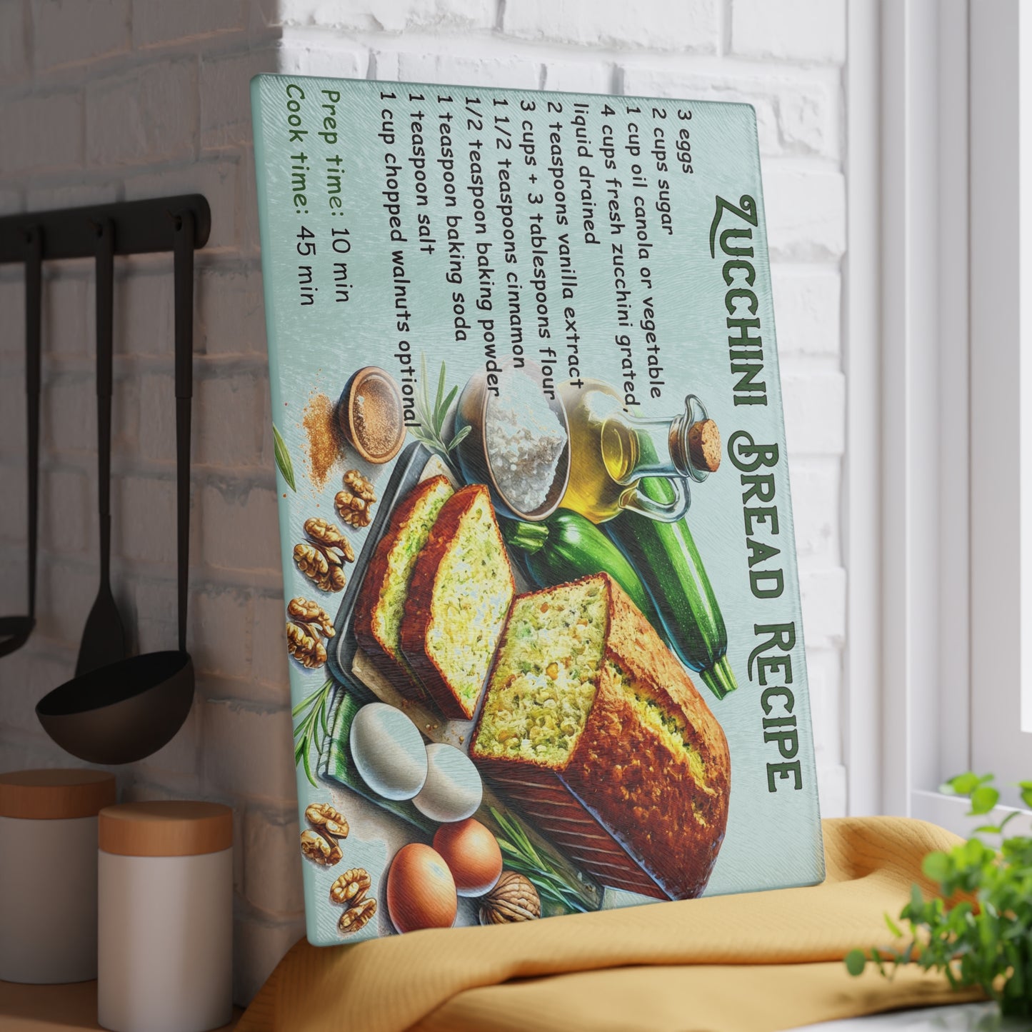 Tabla de cortar con receta de pan de calabacín: decoración de cocina encantadora con un toque delicioso