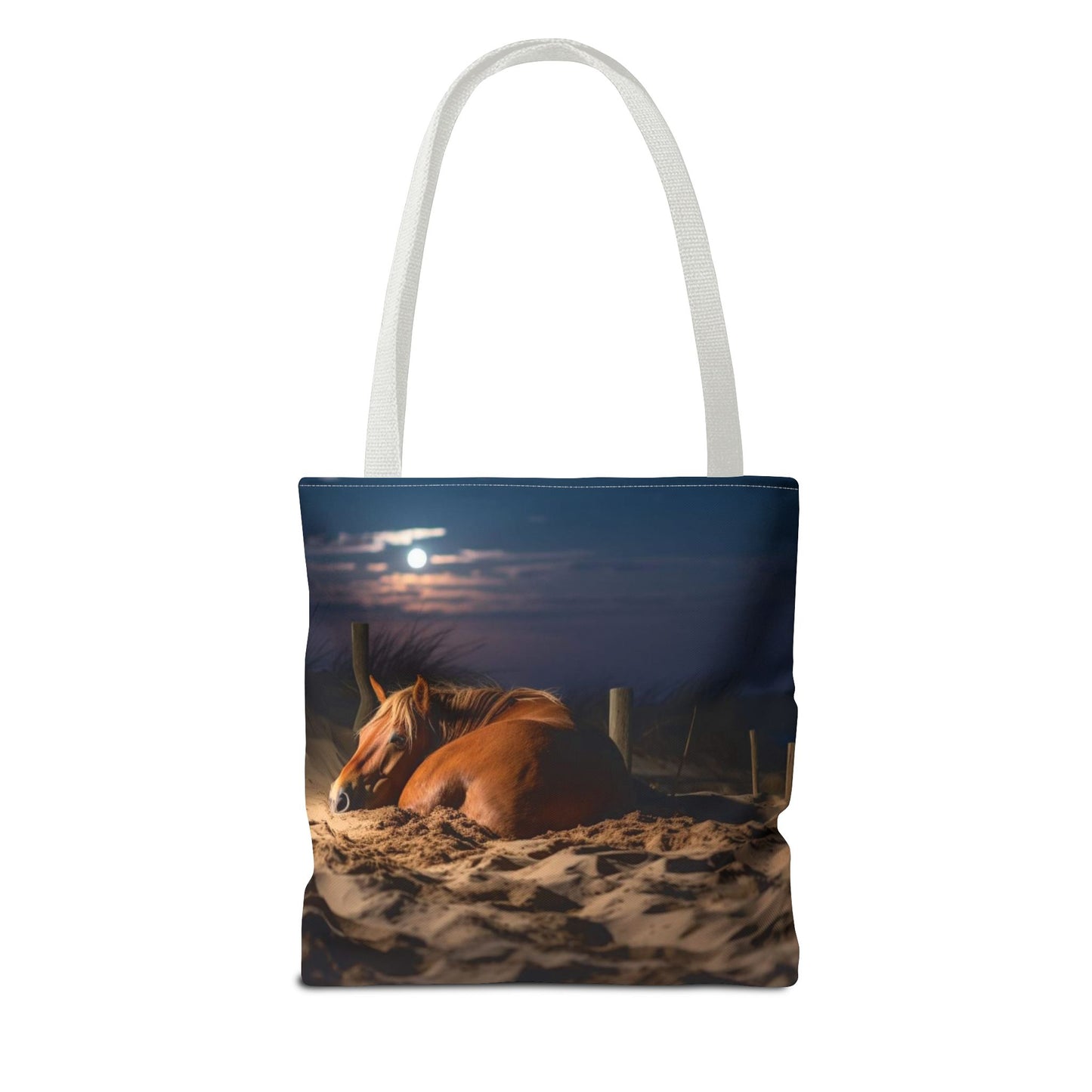 Bolsa de tela "Caballo durmiendo en la playa bajo la luz de la luna": una escapada serena a cada paso