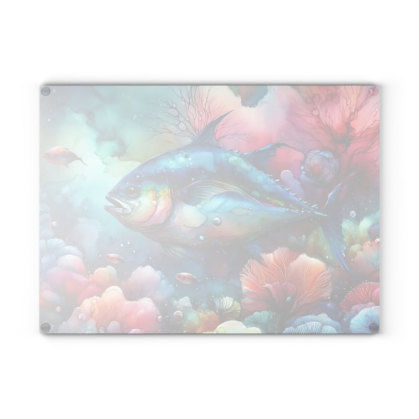 Tabla de cortar de vidrio con acuarela de atún: arte oceánico colorido para cocinas costeras y creativas