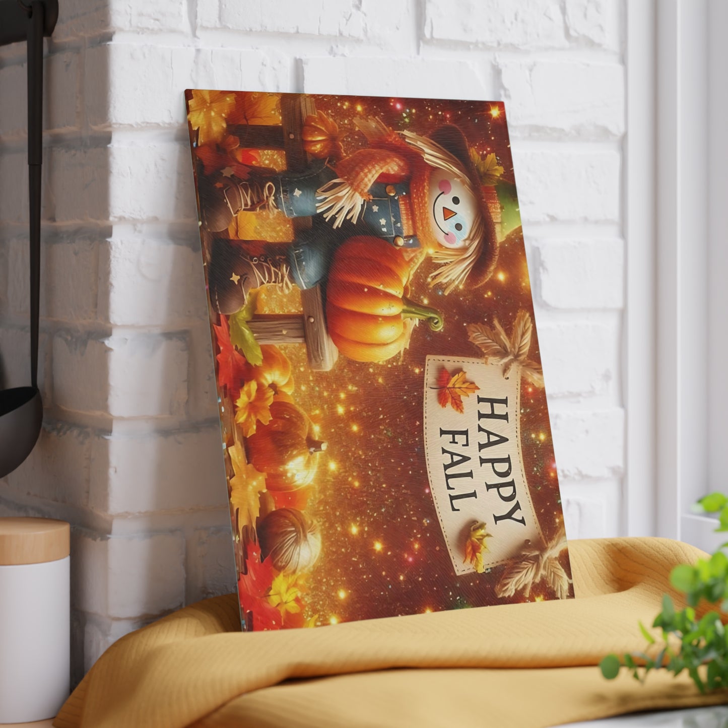 🍂🌟 Happy Fall Scarecrow Cutting Board – Rustic Autumn Kitchen Décor with Pumpkins & Golden Glow 🎃✨
