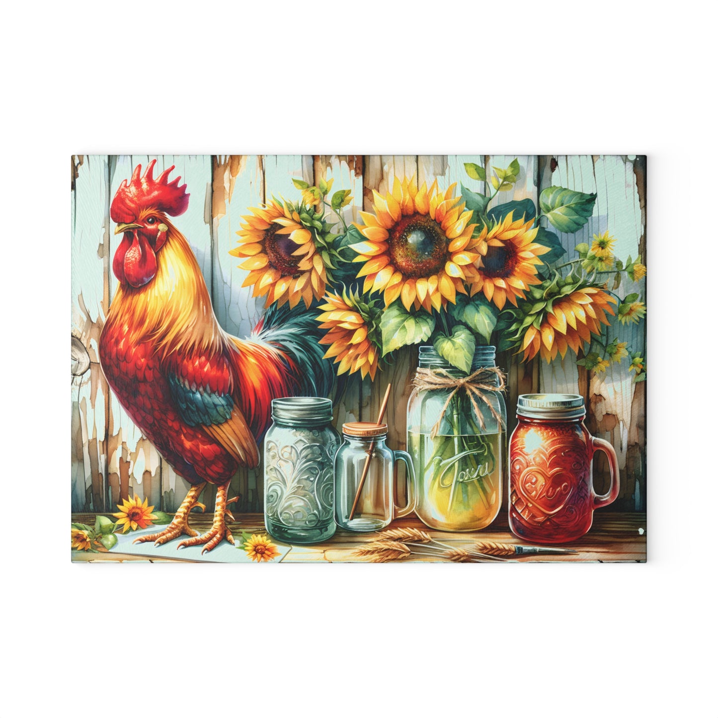 🐓 Rustic Rooster & Sunflowers Cutting Board – Farmhouse Mason Jar Kitchen Art