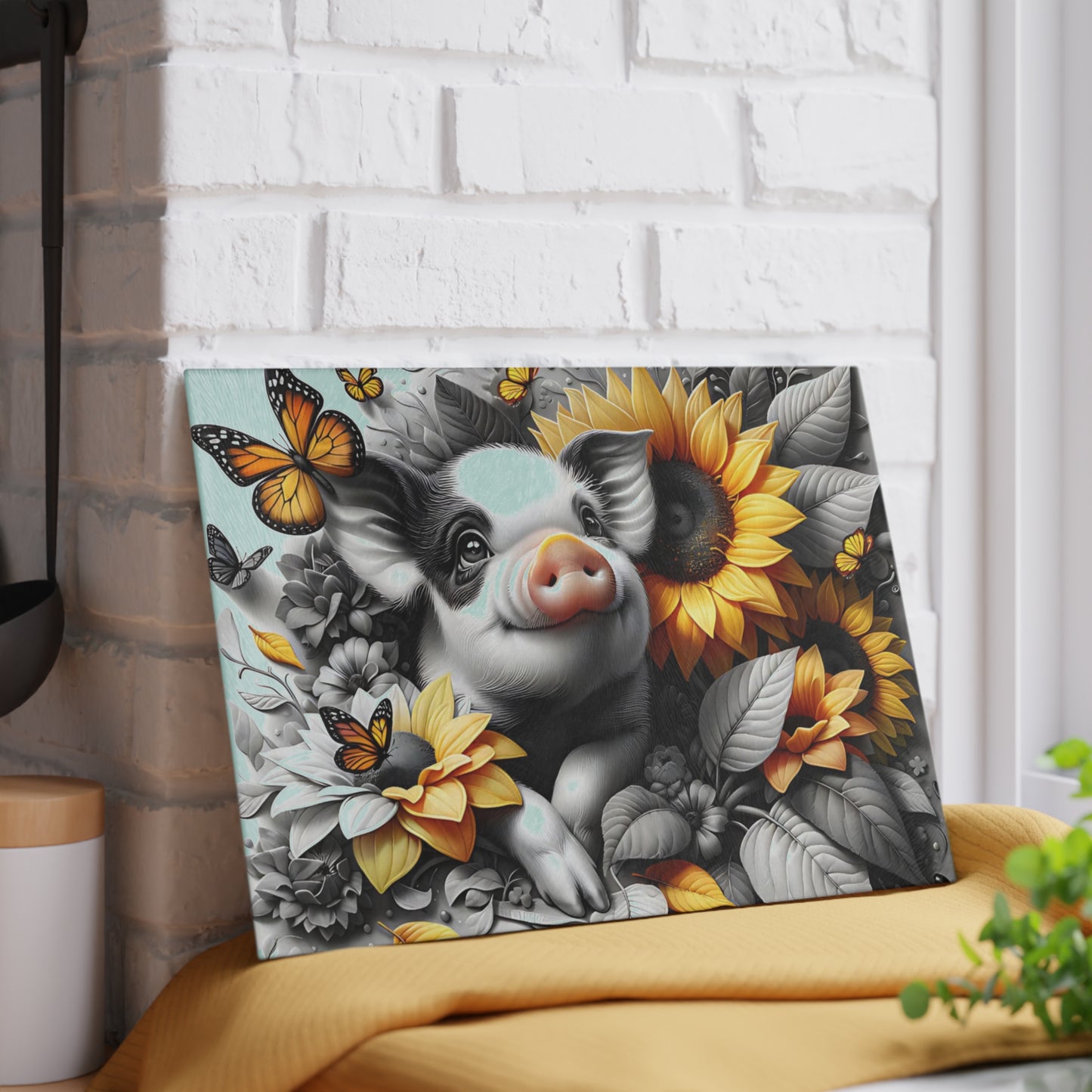 🐷 Sunflower Piglet with Butterflies Cutting Board – Farmhouse Kitchen Décor