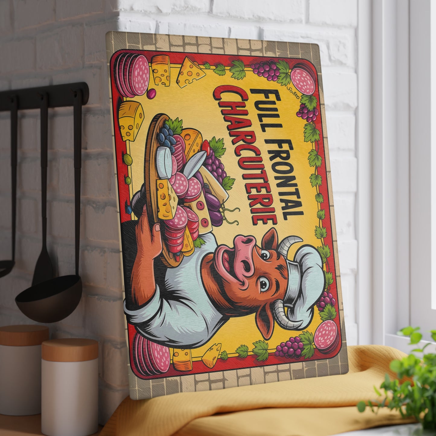 Tabla de cortar charcutería frontal completa: divertida decoración de cocina de Bull Chef para amantes de la carne y el queso