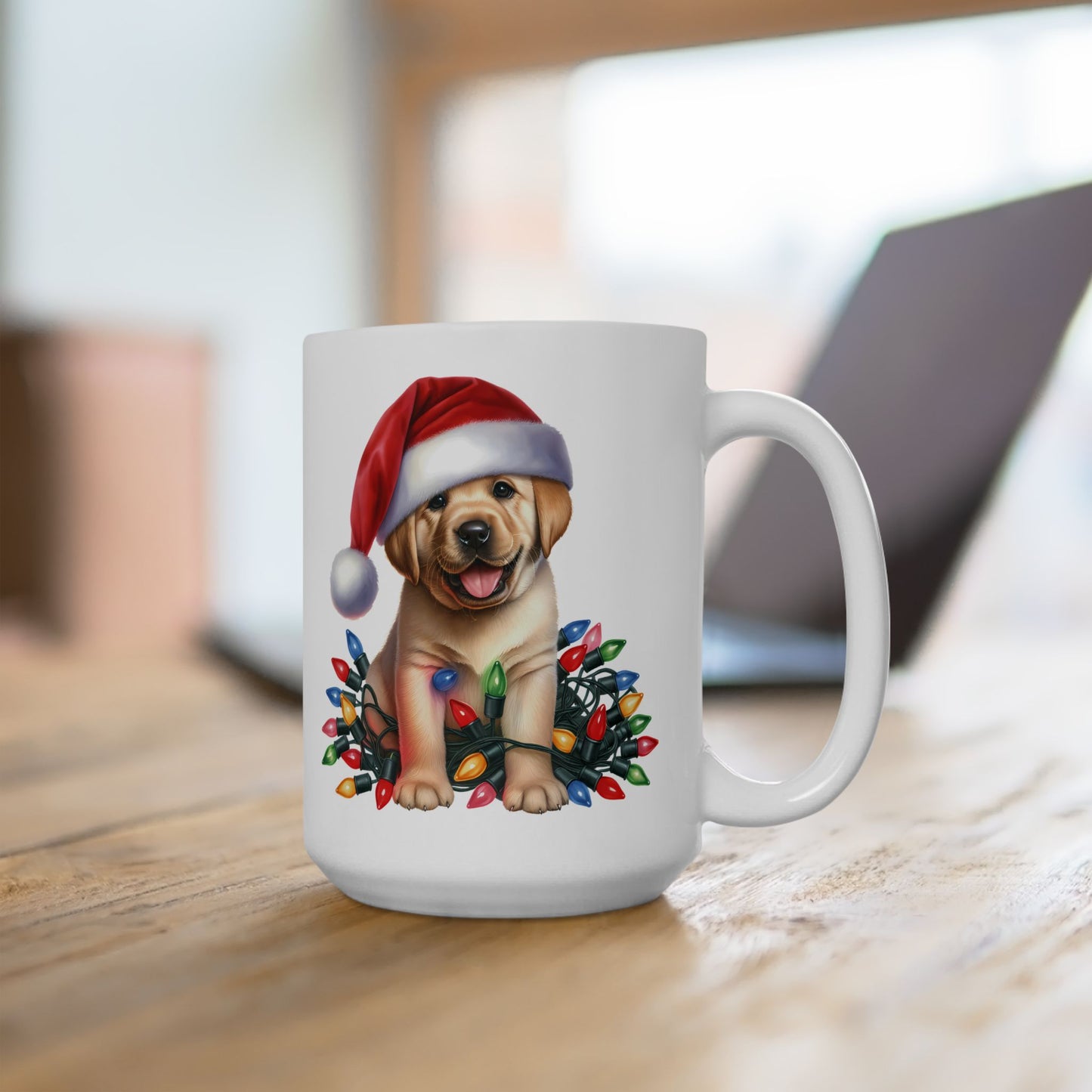 🎄 Labrador Puppy Christmas Mug – Santa Hat & Holiday Lights Cheer 🐾