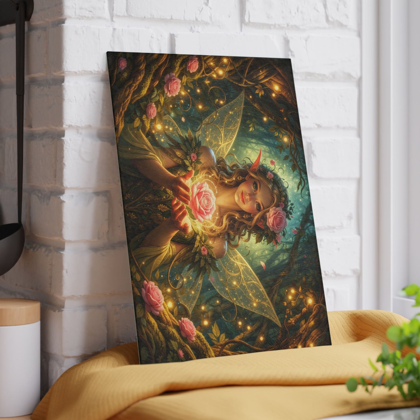 Enchanted Forest Fairy Glass Cutting Board – Magical Rose Fantasy Art Kitchen Decor