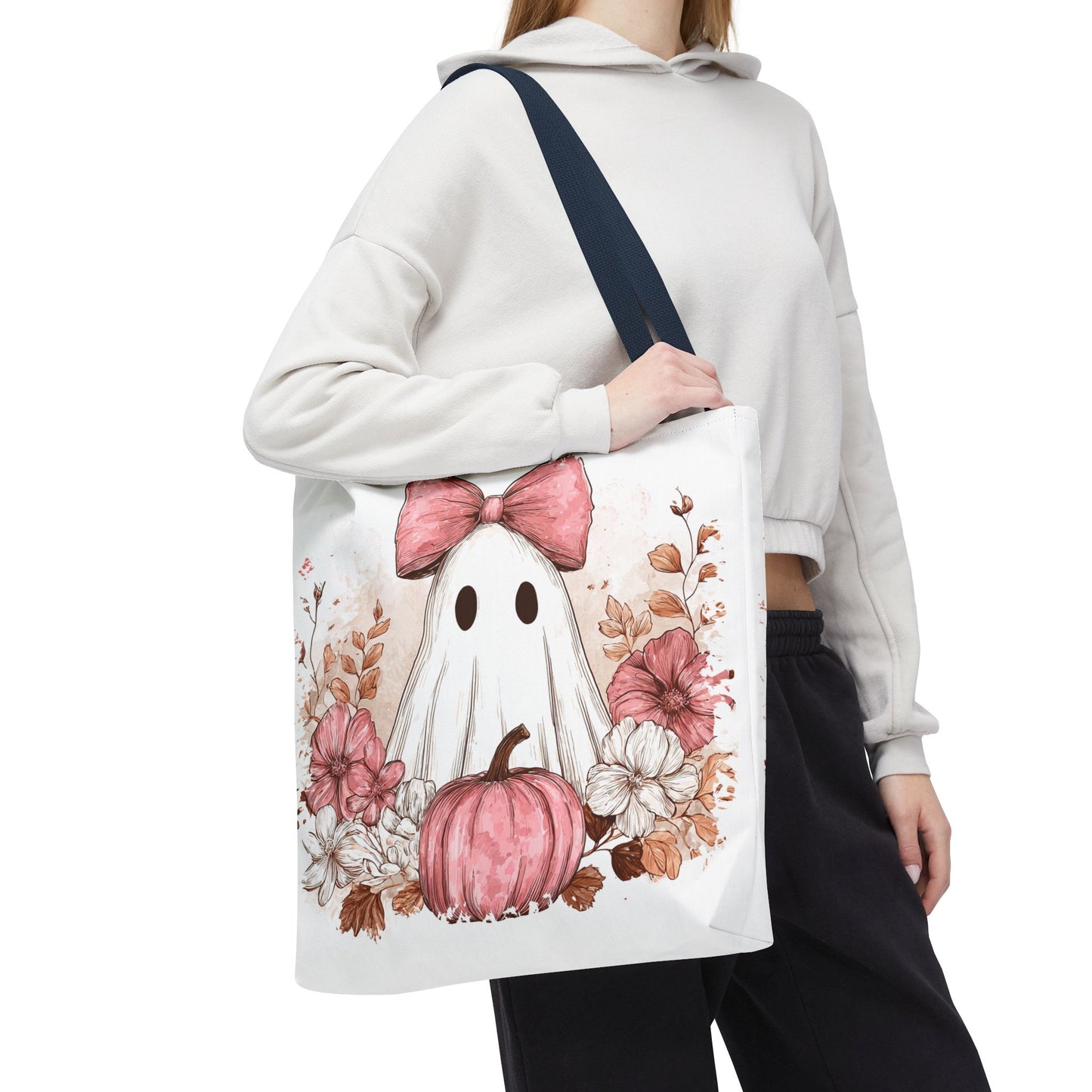๐ป Pink Bow Ghost Floral Halloween Tote Bag โ Spooky Cute with Fall Charm ๐๐