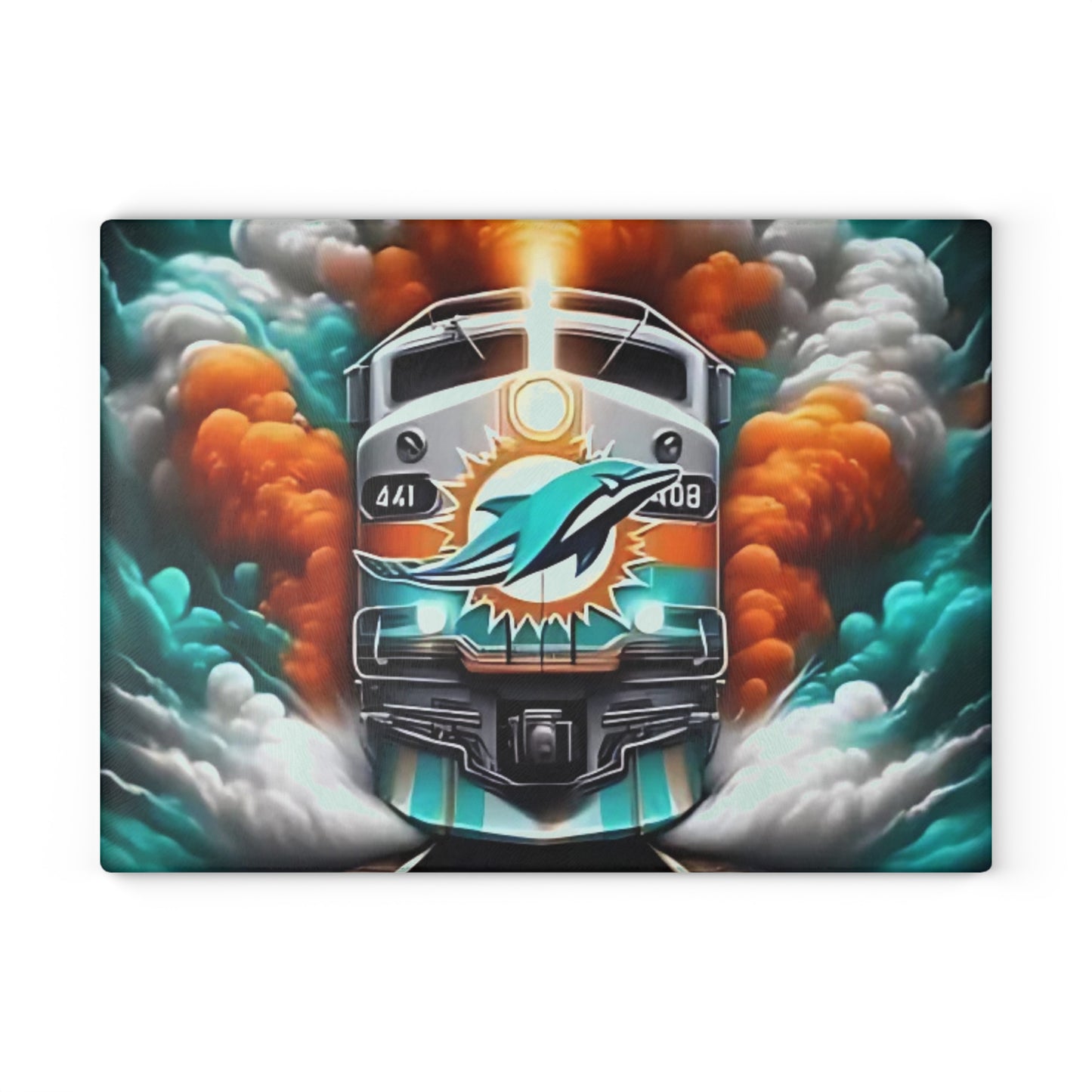 Tabla de cortar de vidrio Express en verde azulado y naranja: diseño de tren tropical para cocinas vibrantes