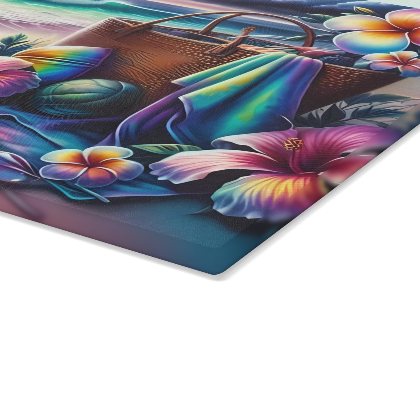 Tabla de cortar de vidrio "Día de Playa Tropical" - Decoración de cocina con ambiente veraniego, decoración costera, arte oceánico, regalo playero, tabla de cortar de vidrio, decoración de cocina tropical, aspecto pintado a mano, escena playera