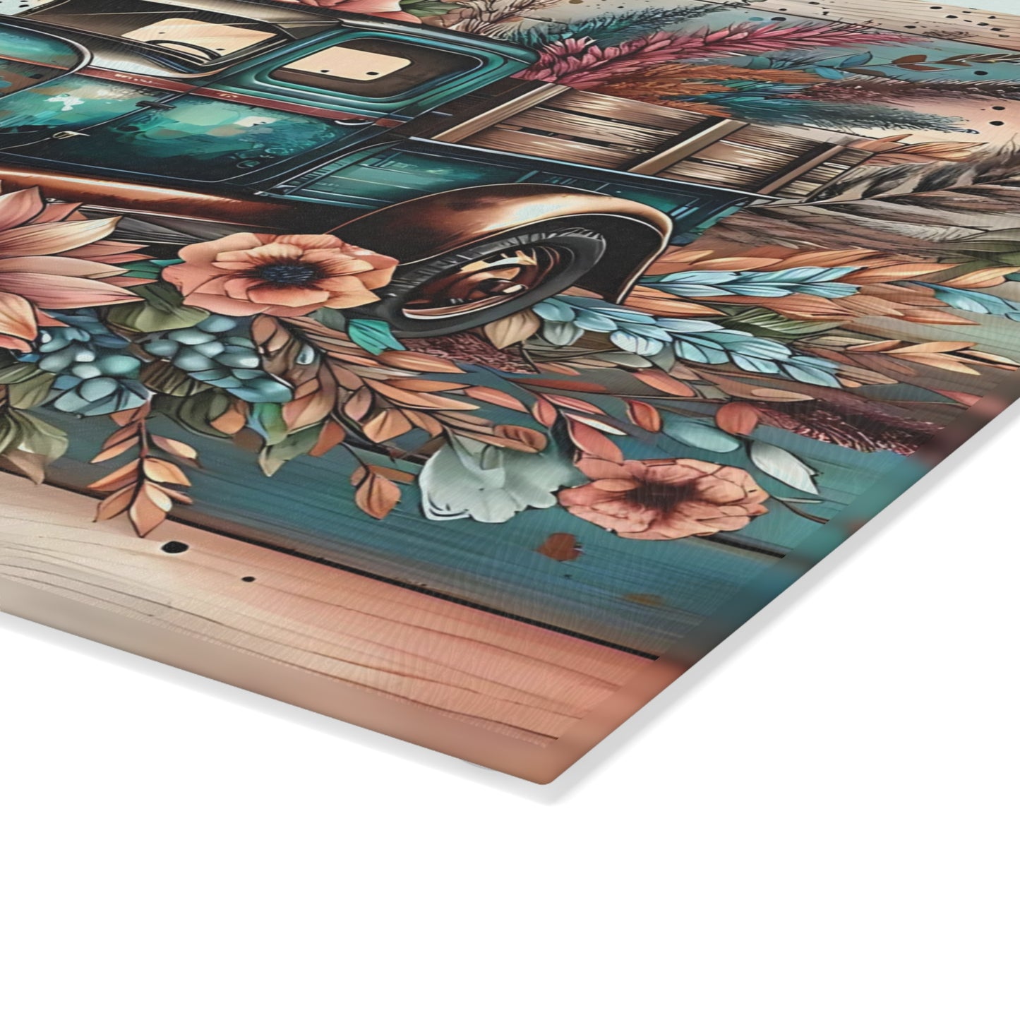 🚜🌸 Vintage Teal Farm Truck Cutting Board – Rustic Charm with Floral Elegance 🌻🌿