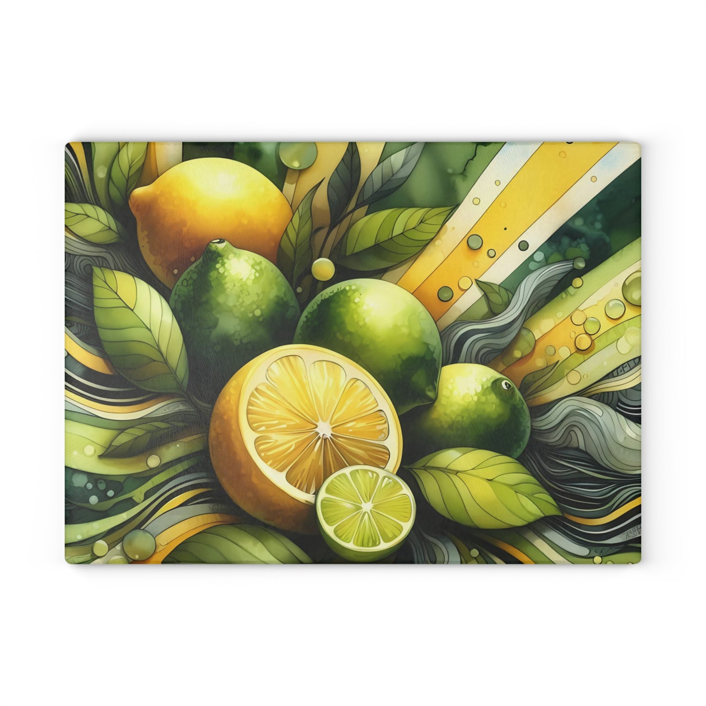 Tabla de cortar de vidrio con limones y limas frescas: decoración de cocina y estilo para servir con un toque cítrico