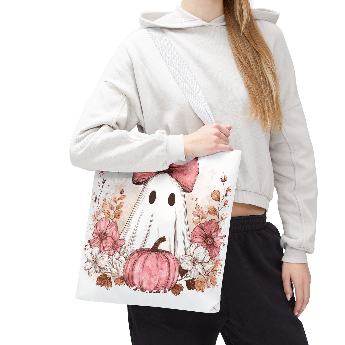 ๐ป Pink Bow Ghost Floral Halloween Tote Bag โ Spooky Cute with Fall Charm ๐๐