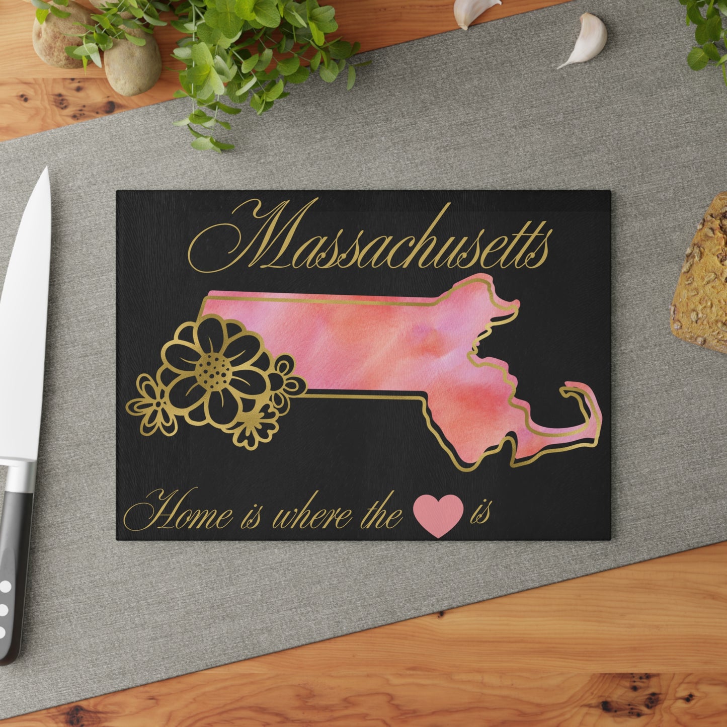 🌸 Massachusetts State Cutting Board – Soft Blush Beauty with Home Heart Charm