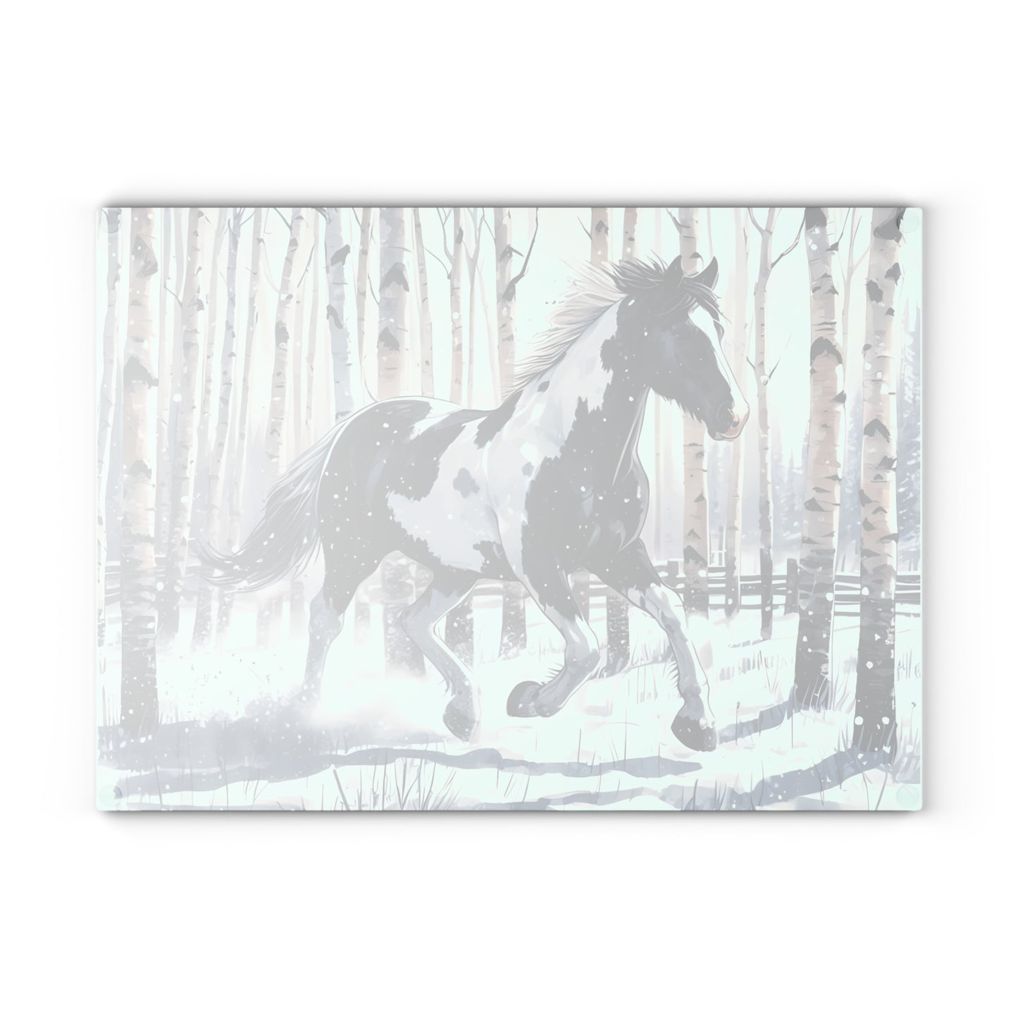 ❄️ Snowy Gallop Cutting Board – Majestic Horse in Birch Forest Winter Scene