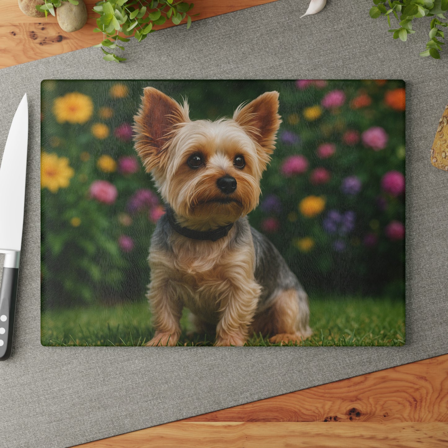๐๐ธ Yorkie in the Garden Cutting Board โ Blooming Charm for Your Kitchen ๐ผ
