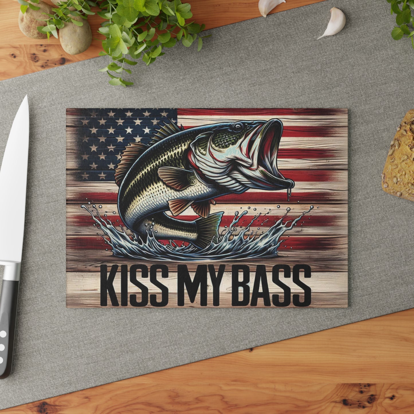 🎣Kiss My Bass Cutting Board – Patriotic Fishing Fun with Rustic American Flag 🪝🍺