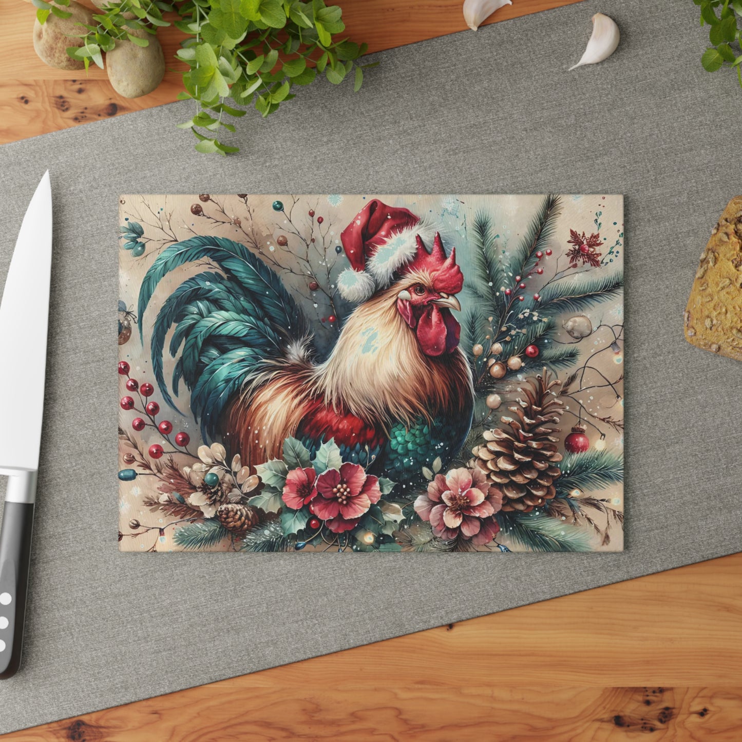 🐓🎄 “Holiday Rooster” Tempered Glass Board – Festive Farmhouse Cheer for Your Kitchen