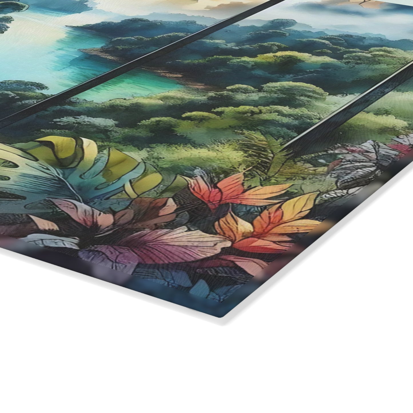 Tabla de cortar de vidrio templado con vista tropical: Escápate al paraíso