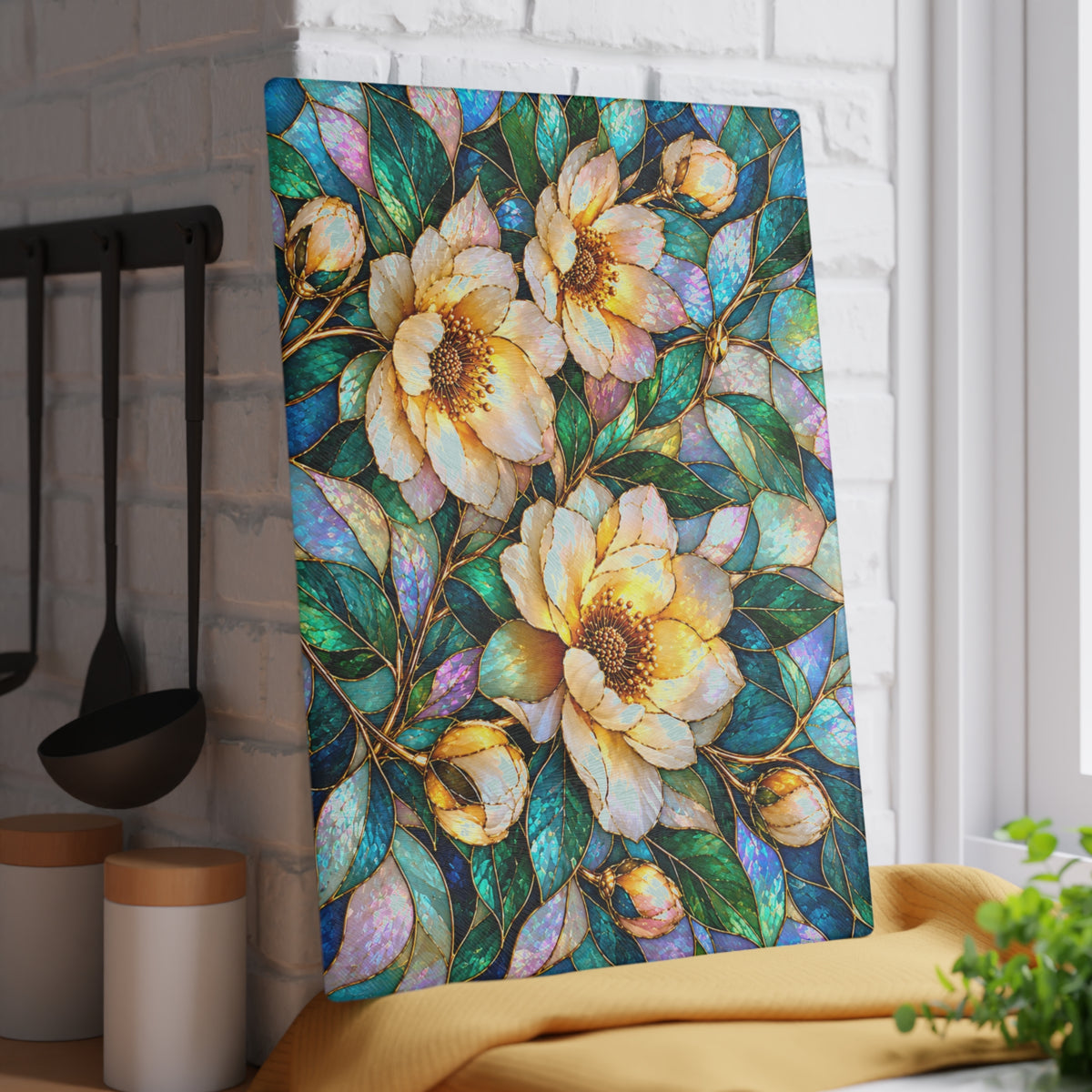 Stained-Glass-Inspired Ivory Magnolia Cutting Board – Golden Cream Blossoms, Iridescent Teal Leaves & Elegant Botanical Kitchen Décor
