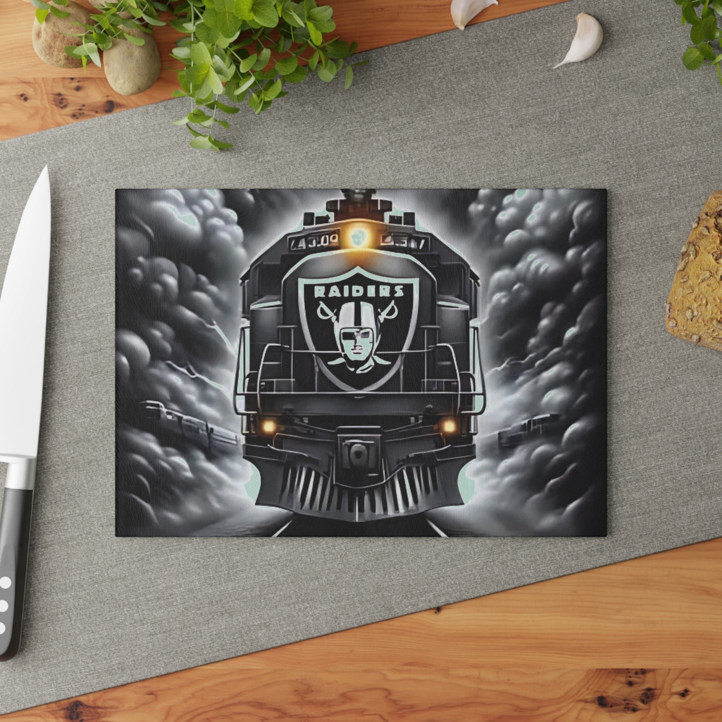 Silver & Black Express Glass Cutting Board – Sleek Train Art for Bold, Modern Kitchens