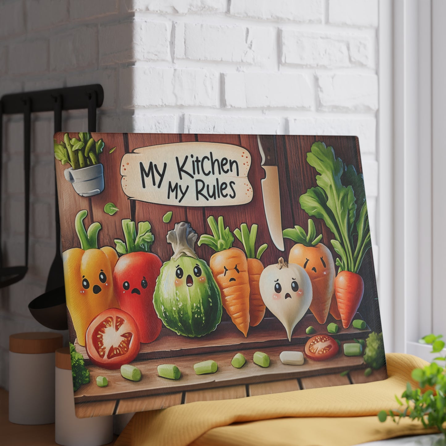 Tabla de cortar de vidrio “Mi cocina, mis reglas” – Verduras asustadas y humor de cocina atrevido