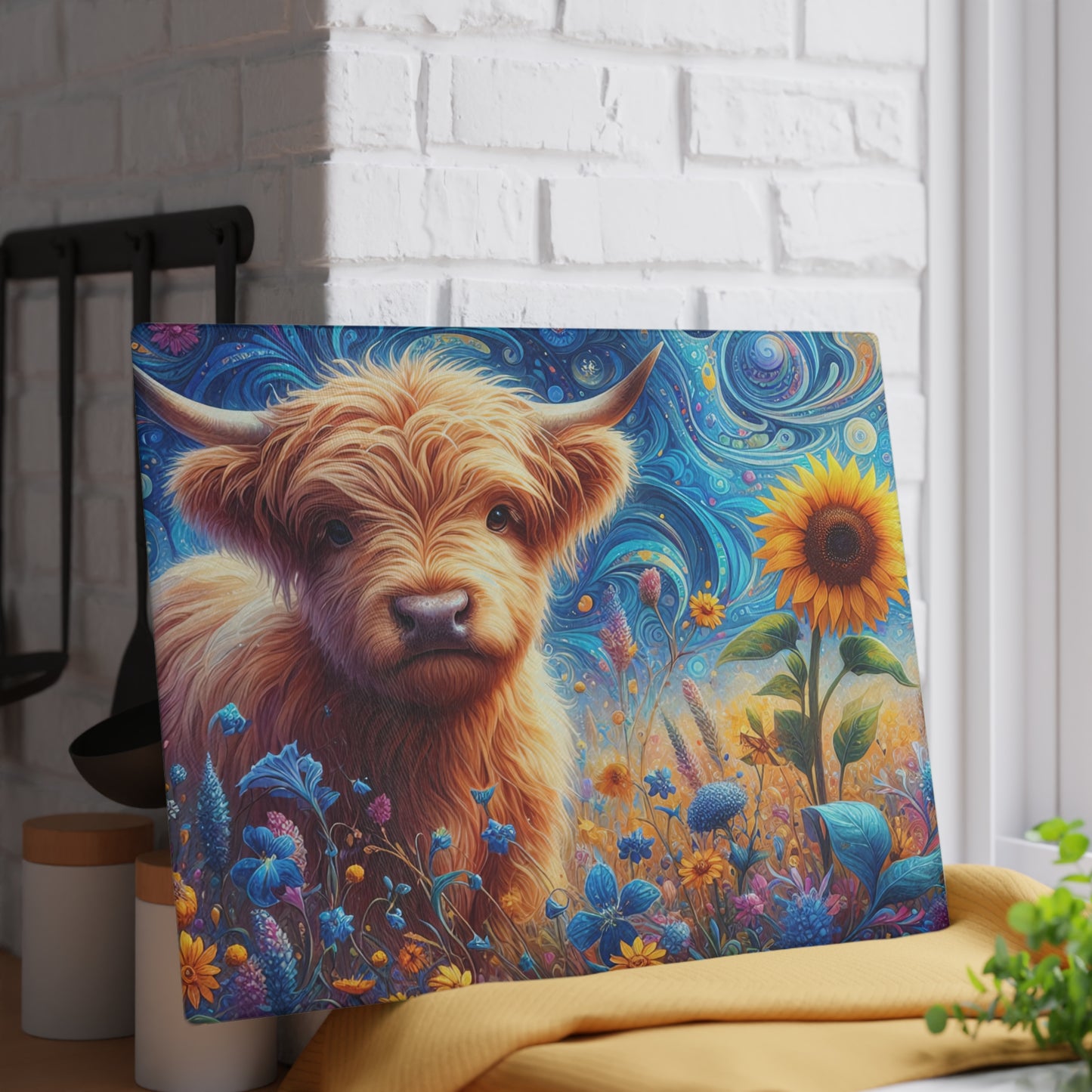 🐮🌻 Whimsy Highland Cow Glass Cutting Board – Floral Fantasy Farmhouse Style