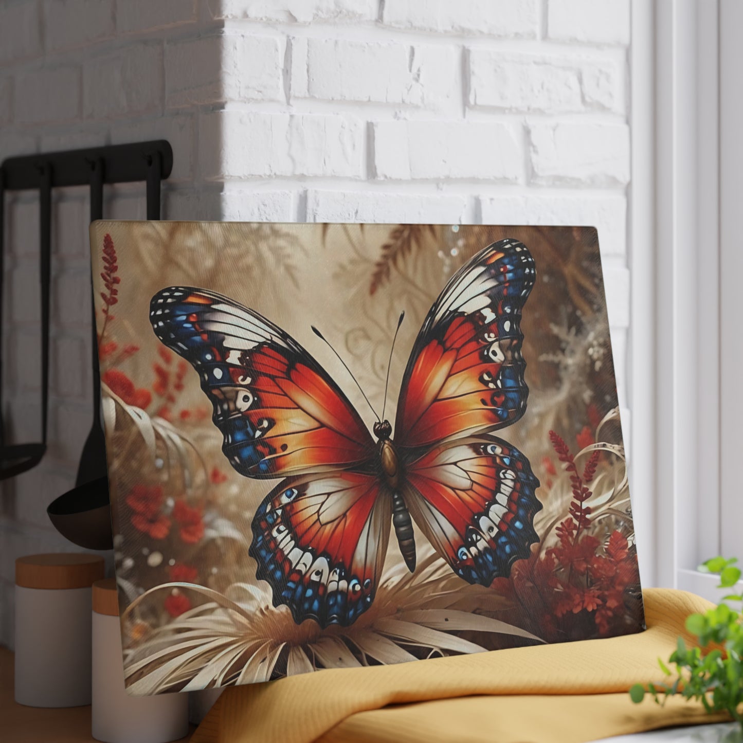 Hermosa tabla de cortar de vidrio con forma de mariposa, decoración de mariposas, tabla de cortar, decoración de cocina, arte de cocina, tabla para servir, regalo de pavo real, regalo de mariposa, tabla de cortar floral