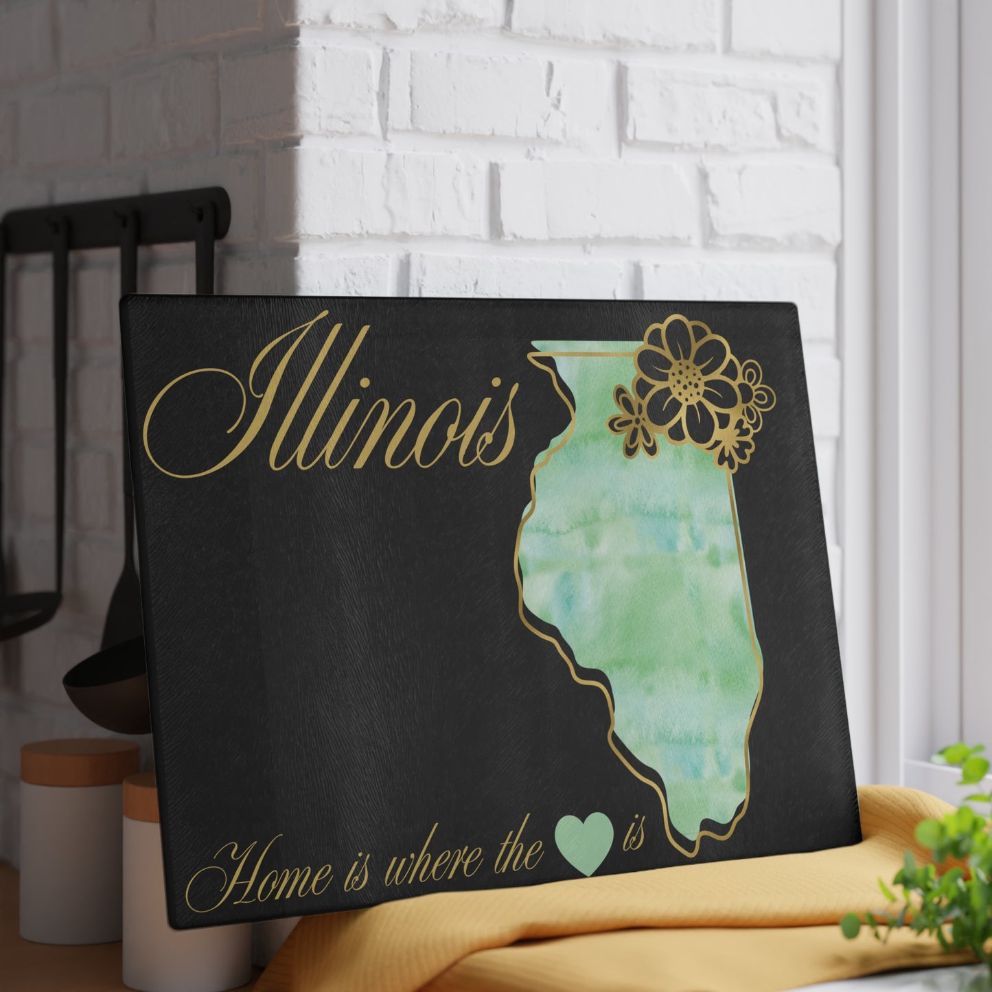 💚 Illinois State Cutting Board – Soft Watercolors & Midwest Heart