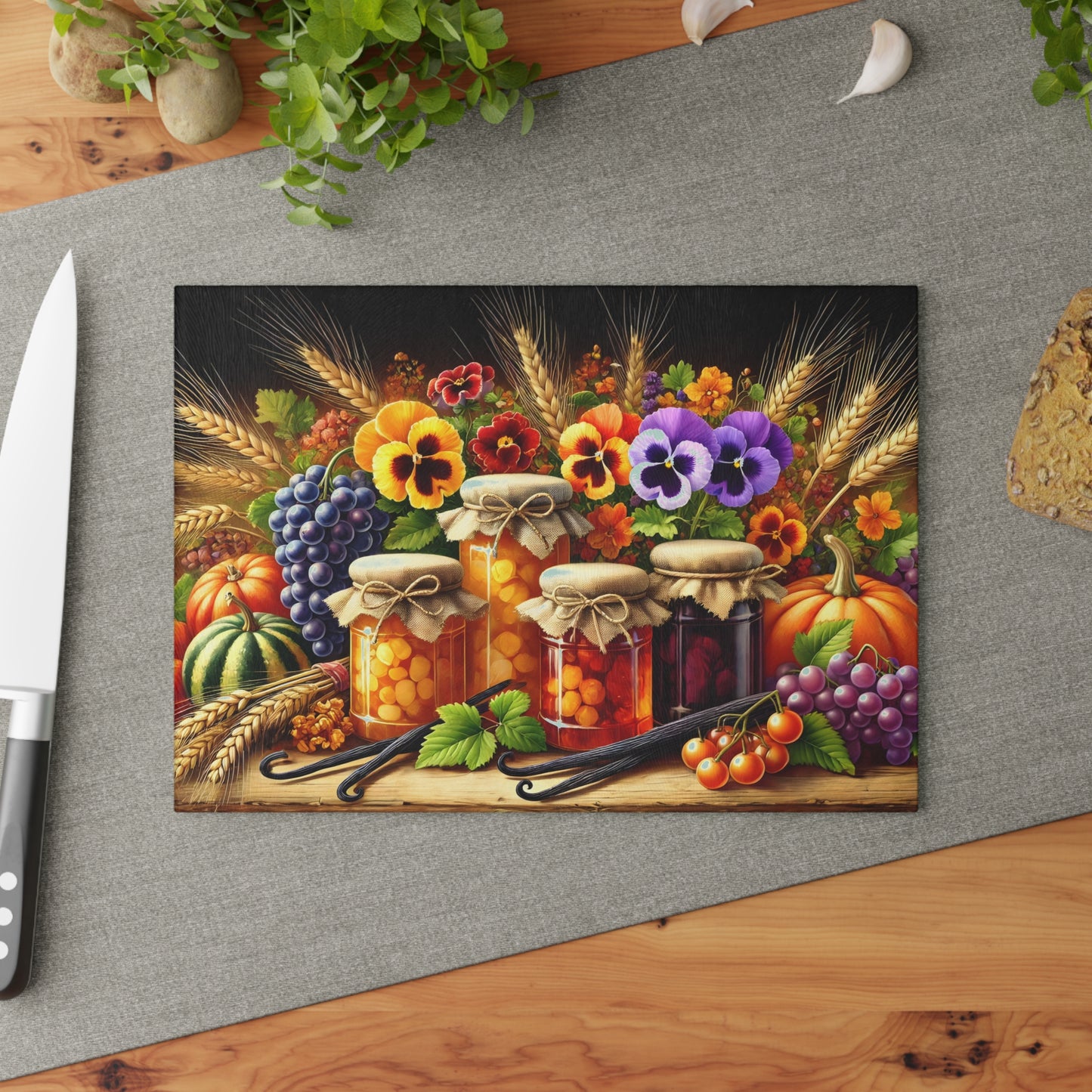 Tabla de cortar para la despensa de la cosecha otoñal: encanto rústico con delicias florales y frutales