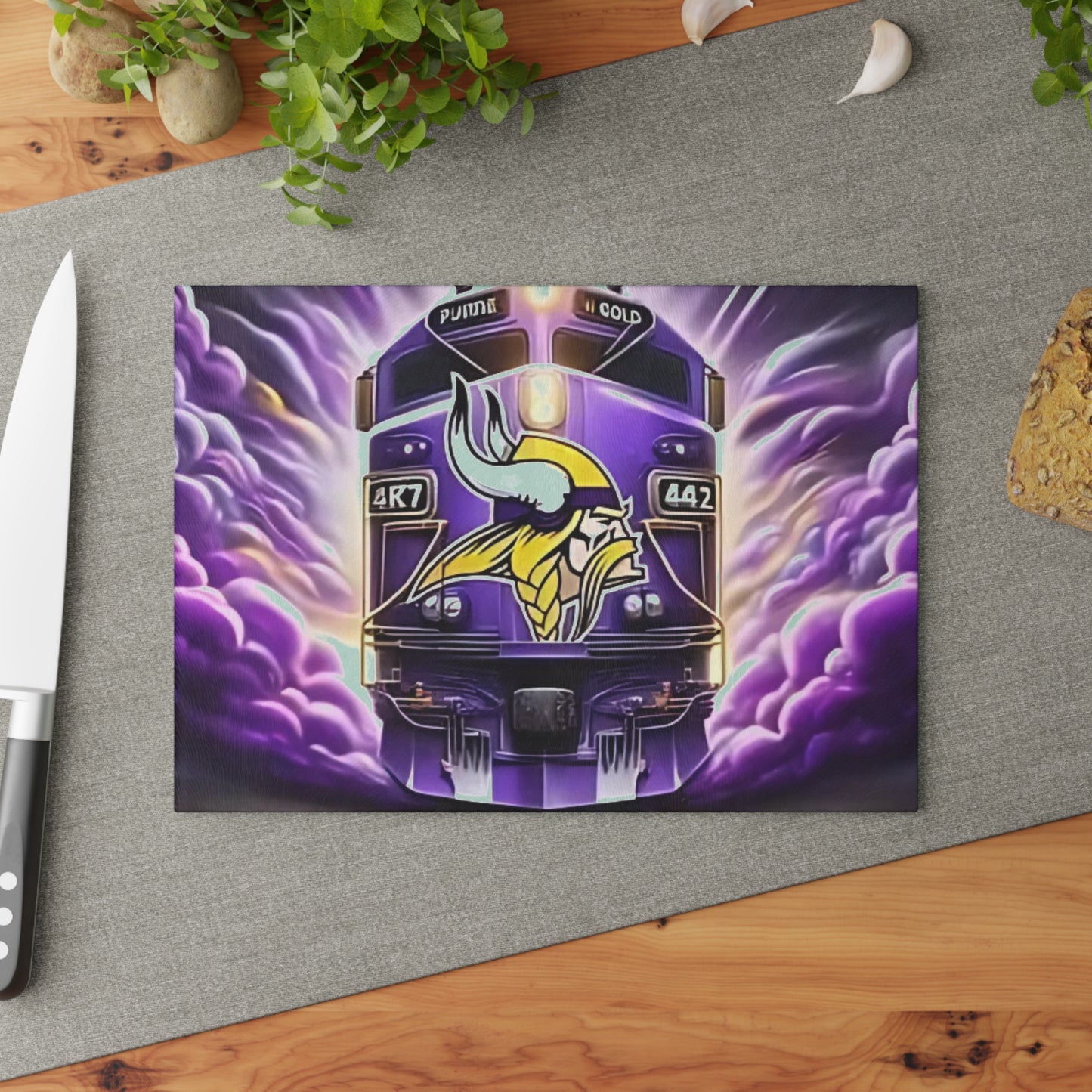 Purple & Gold Express Glass Cutting Board – Regal Train Design for Elegant Kitchens
