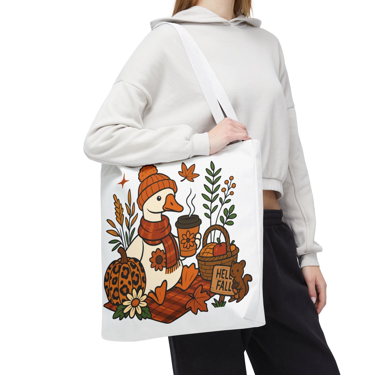 🧣 Hello Fall Cozy Duck Tote Bag – A Quirky Autumn Hug in a Bag 🍂🦆