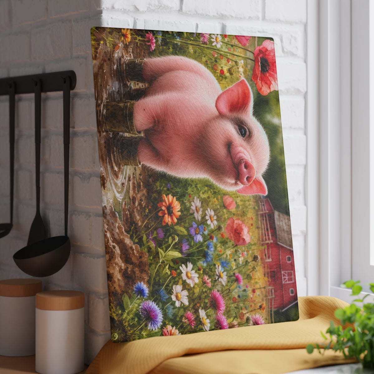 Farm Piglet Glass Cutting Board – Country Charm for Your Kitchen